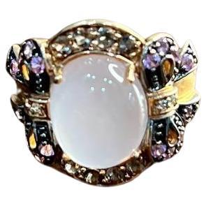 Oval Milky White Cabochon Agate Chalcedony Multi-Color Gemstone Gold Ring For Sale