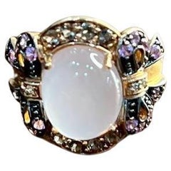 Oval Milky White Cabochon Agate Chalcedony Multi-Color Gemstone Gold Ring