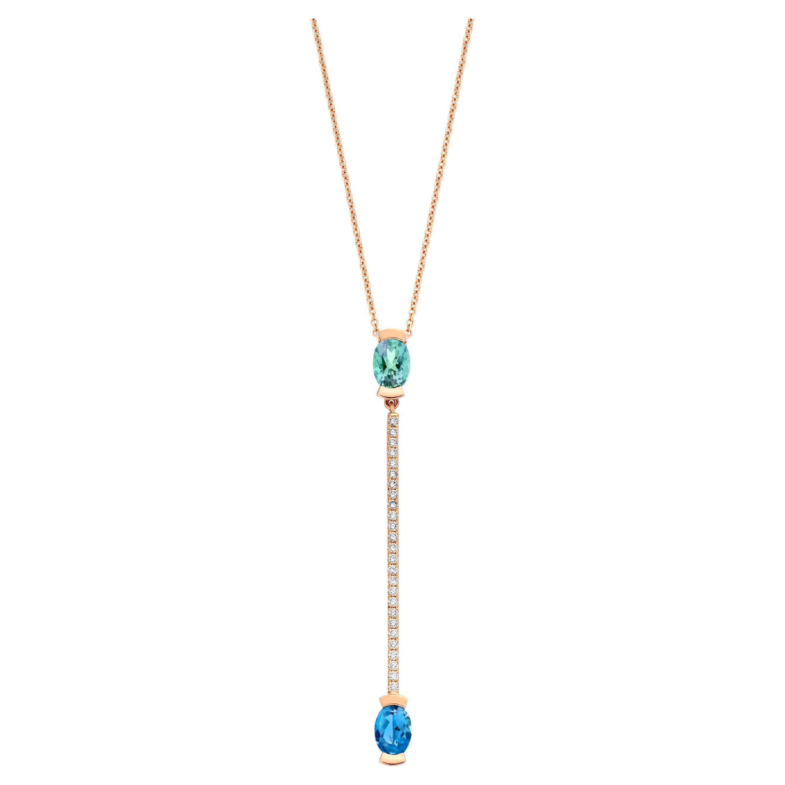 Oval Mint Tourmaline, Oval Aquamarine, 18k Rose Gold Diamond Pendant Necklace