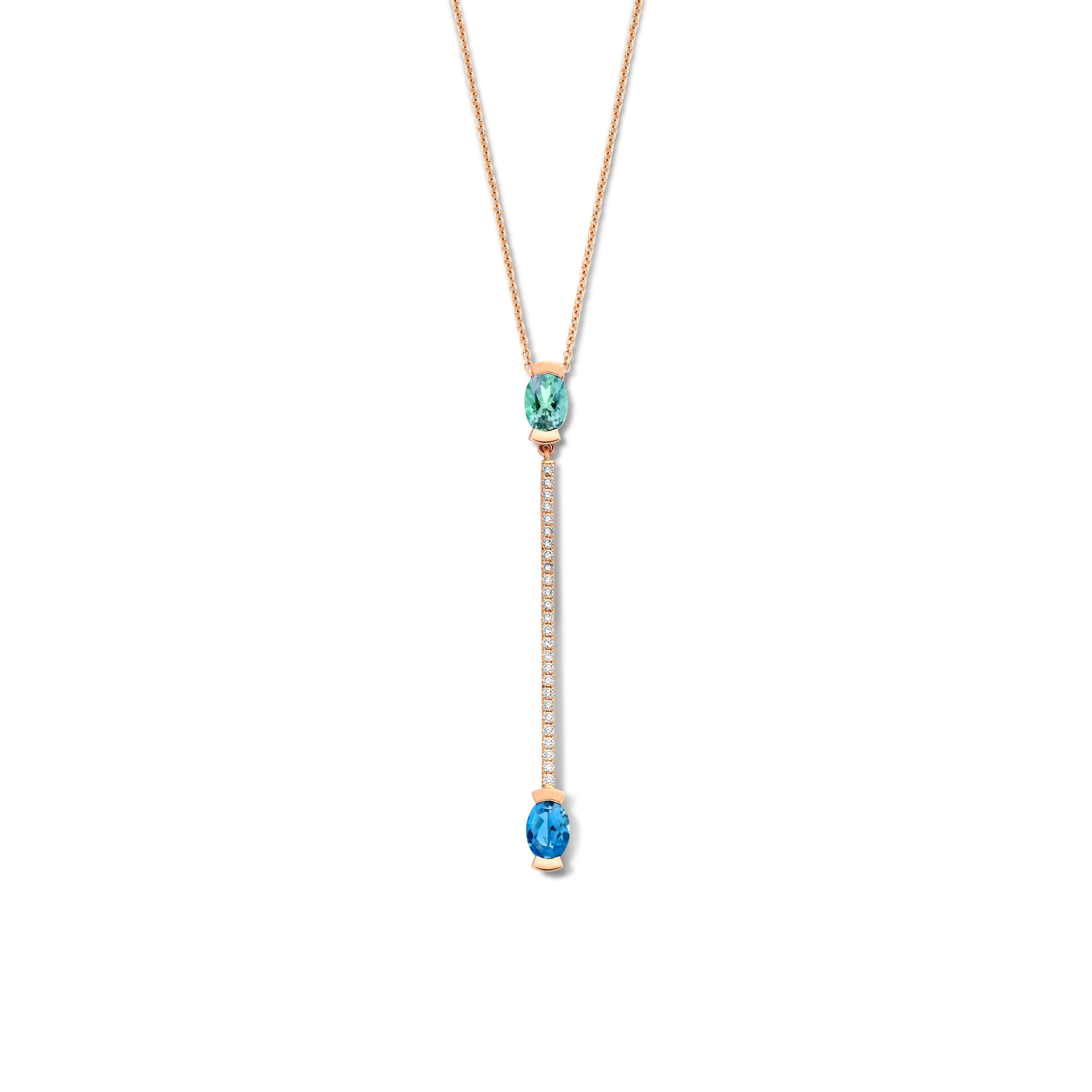 Contemporary Oval Mint Tourmaline, Oval Aquamarine, 18k White Gold Diamond Pendant Necklace For Sale
