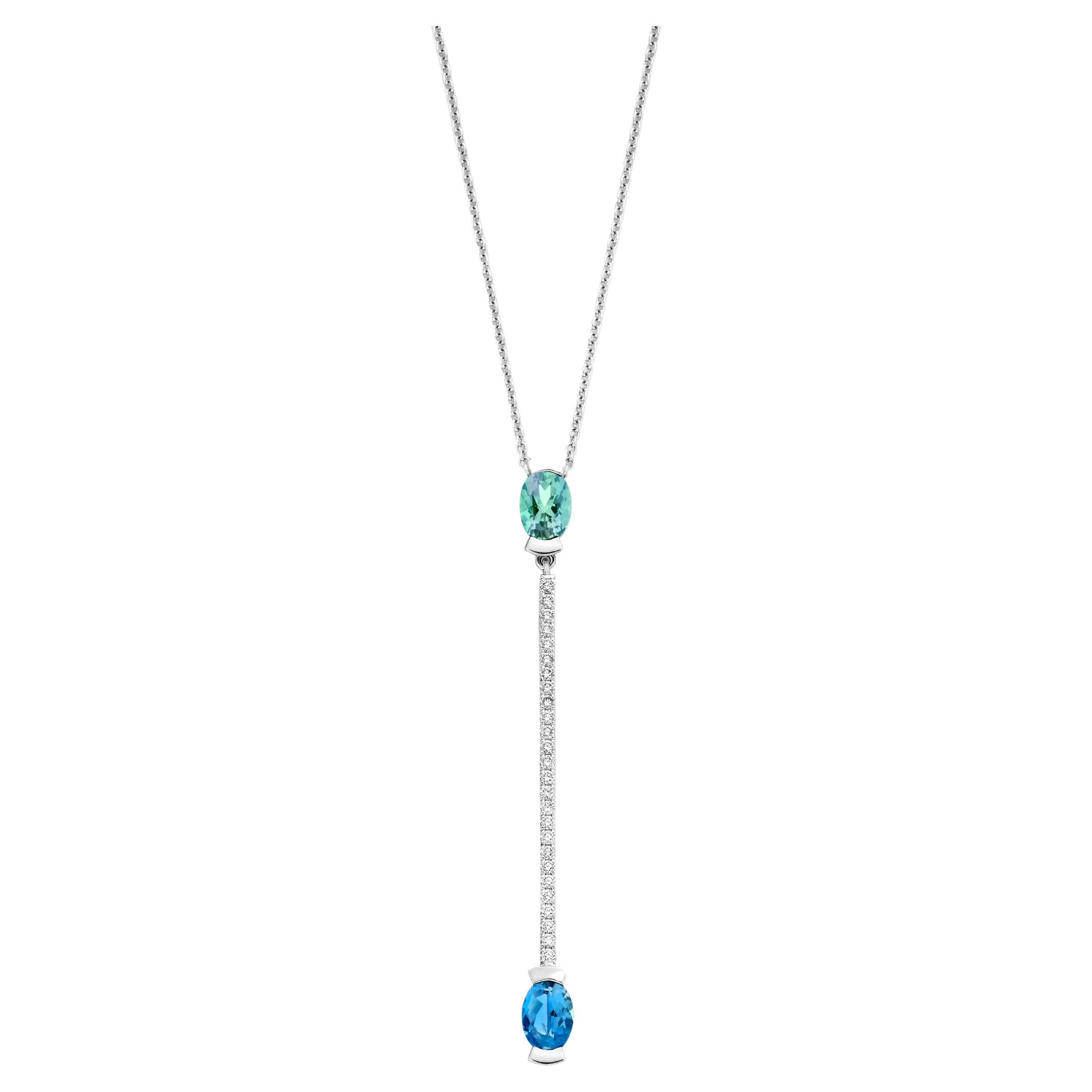 Oval Mint Tourmaline, Oval Aquamarine, 18k White Gold Diamond Pendant Necklace For Sale