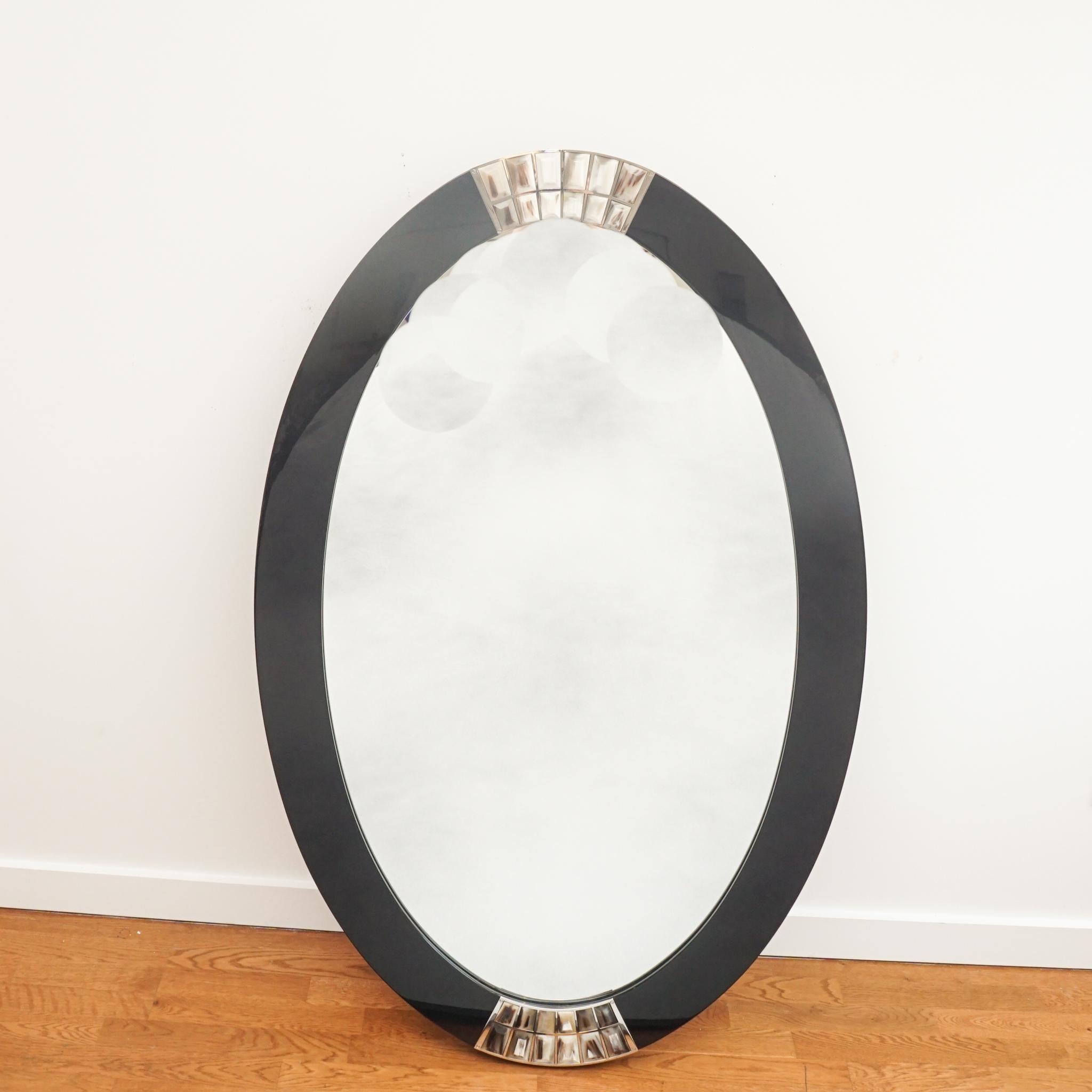 Contemporary Oval Mirror Black Lacquer and Natural Horn For Sale