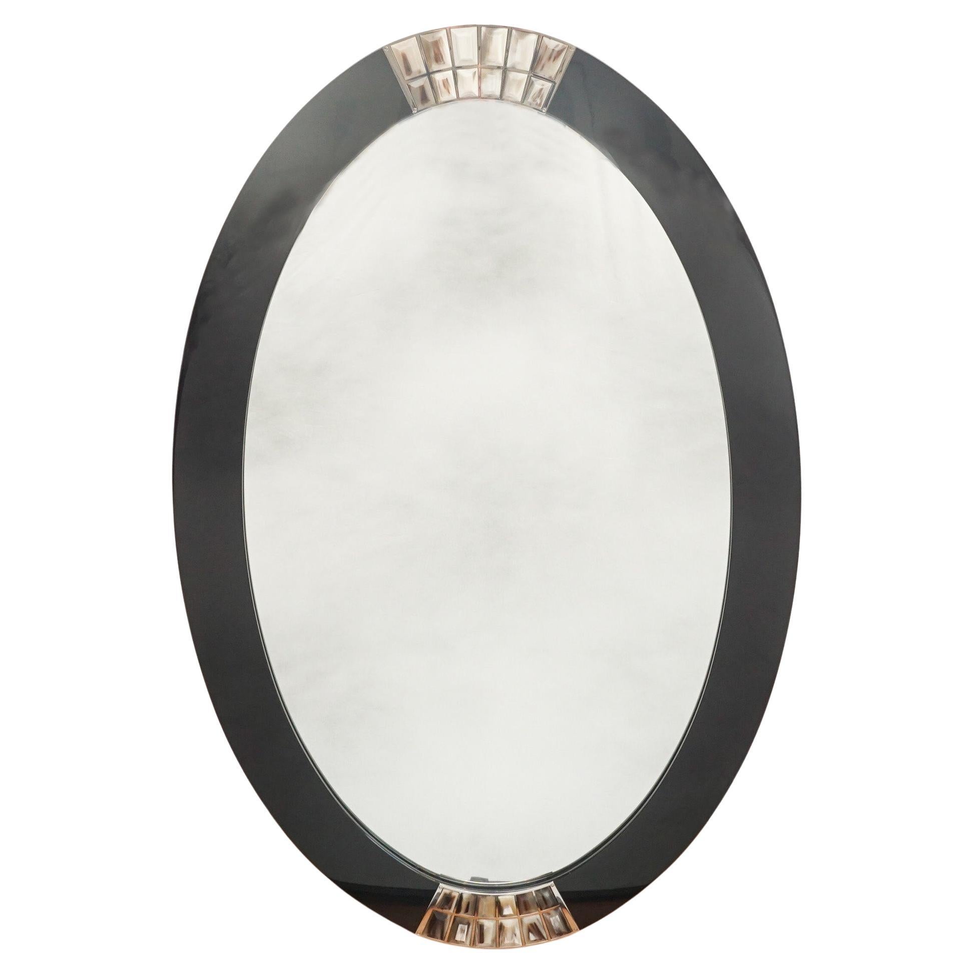 Oval Mirror Black Lacquer and Natural Horn For Sale