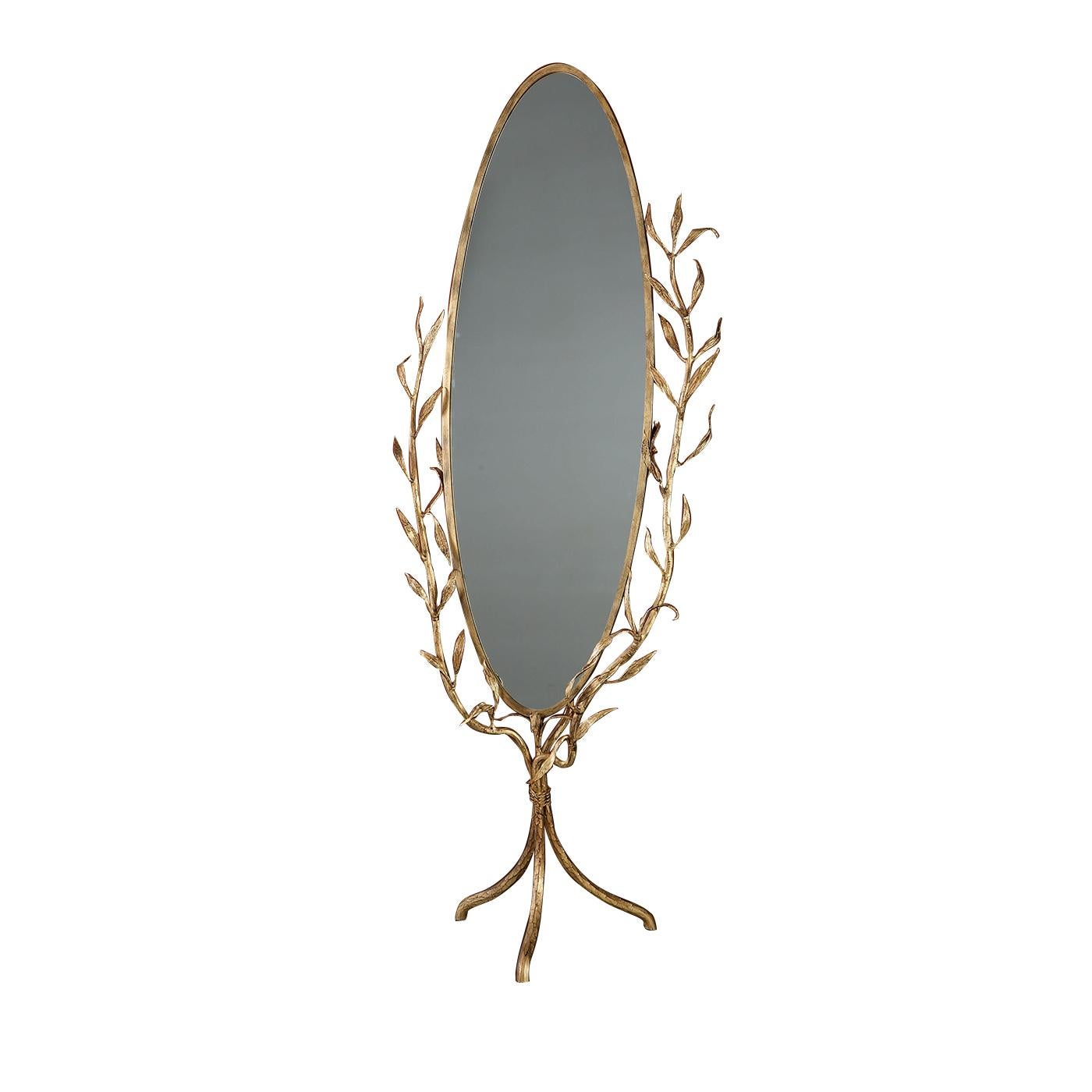 A magnificent piece of functional decor, this superb mirror will be a precious addition in a bedroom, study, or powder room, particularly in a classically-decorated or traditionally-inspired home. The structure is in hand forged iron with a delicate