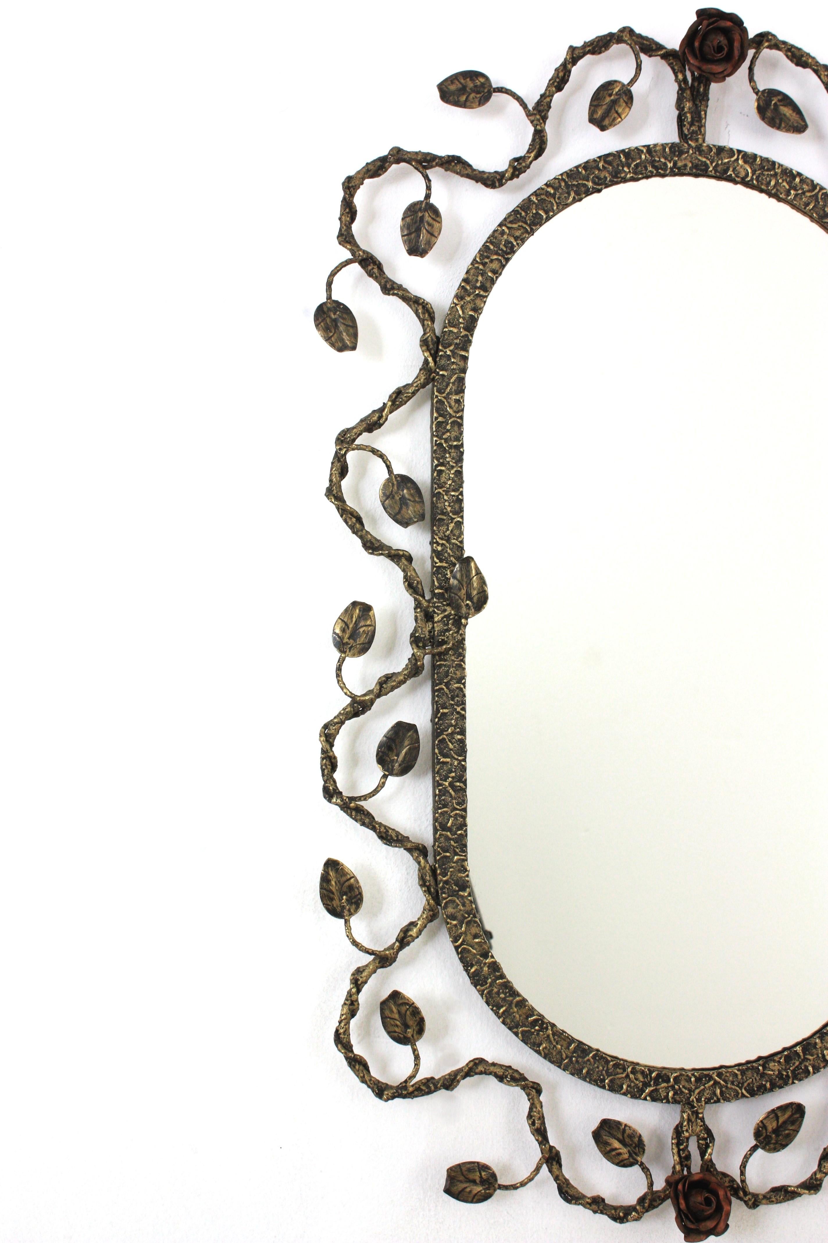 Spanish Oval Mirror in Gilt Iron with Foliage Floral Motifs, 1950s For Sale