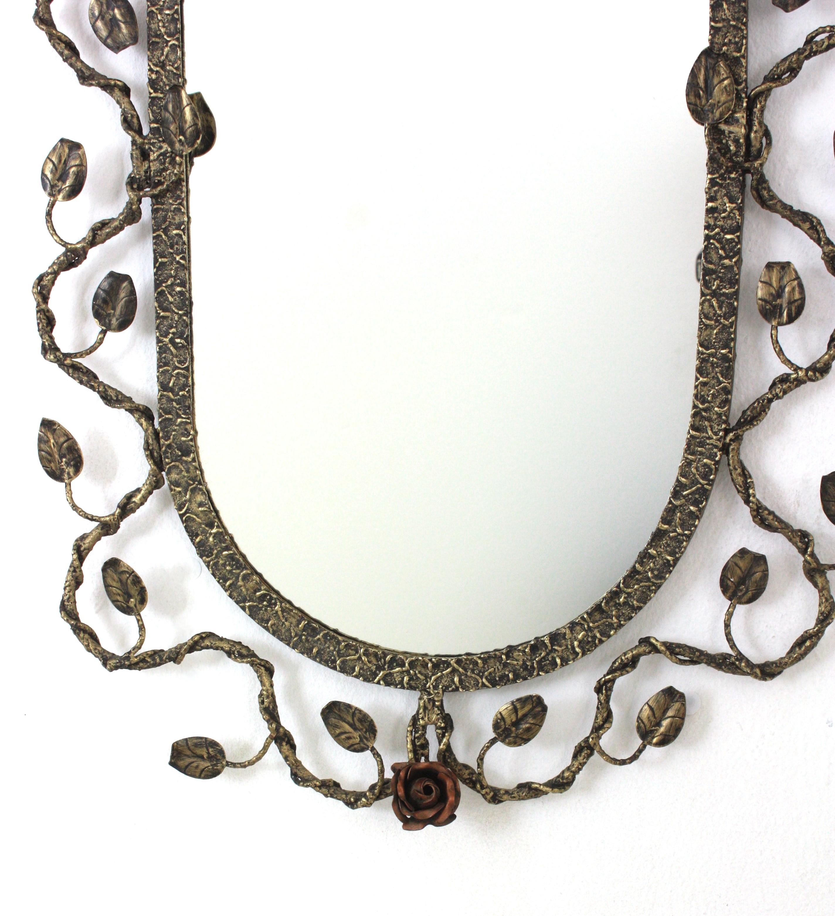 20th Century Oval Mirror in Gilt Iron with Foliage Floral Motifs, 1950s For Sale