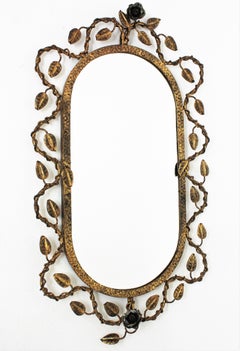 Oval Mirror in Gilt Iron with Foliage Floral Motifs