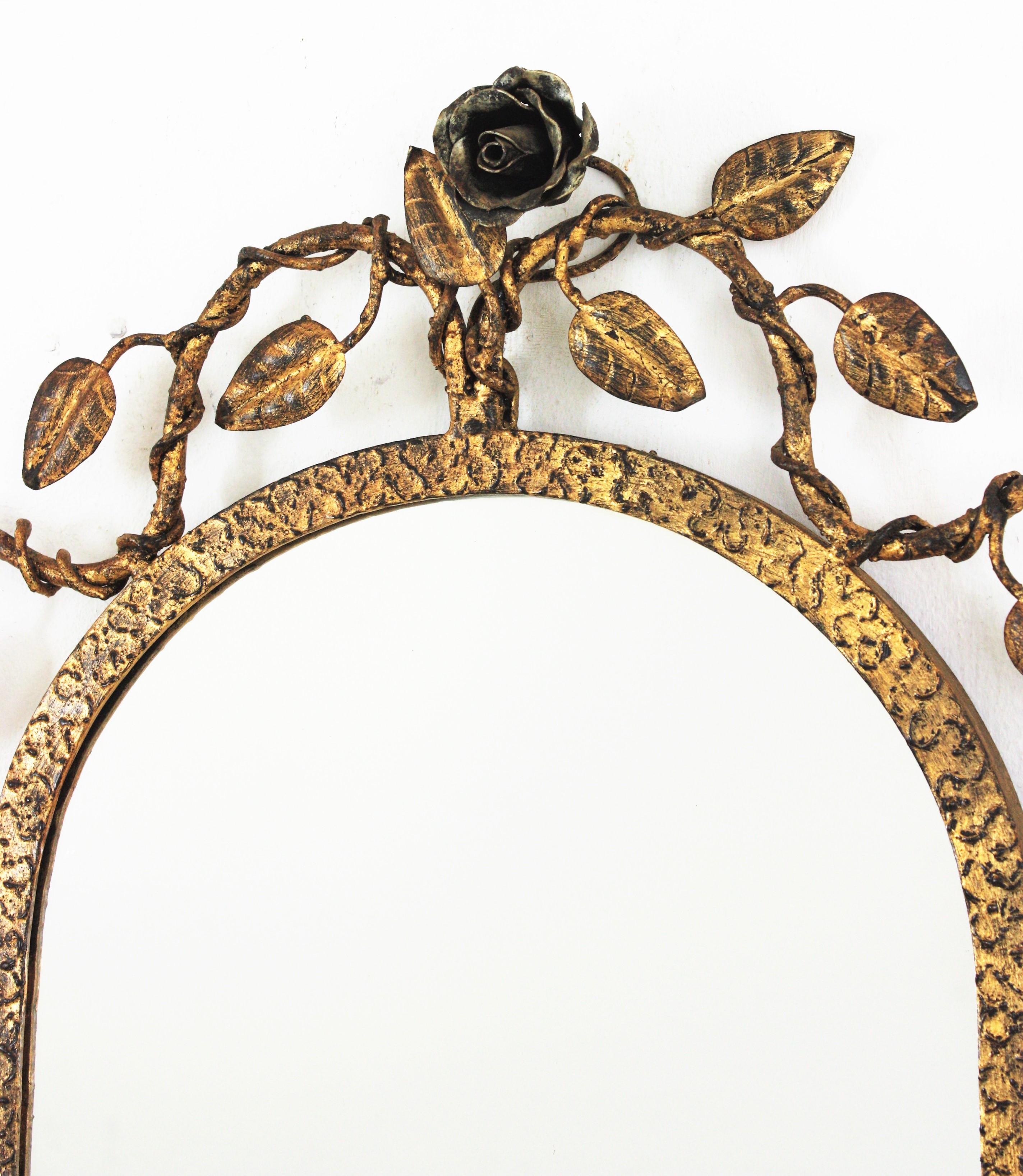 Spanish Oval Mirror in Gilt Iron with Foliage Floral Motifs