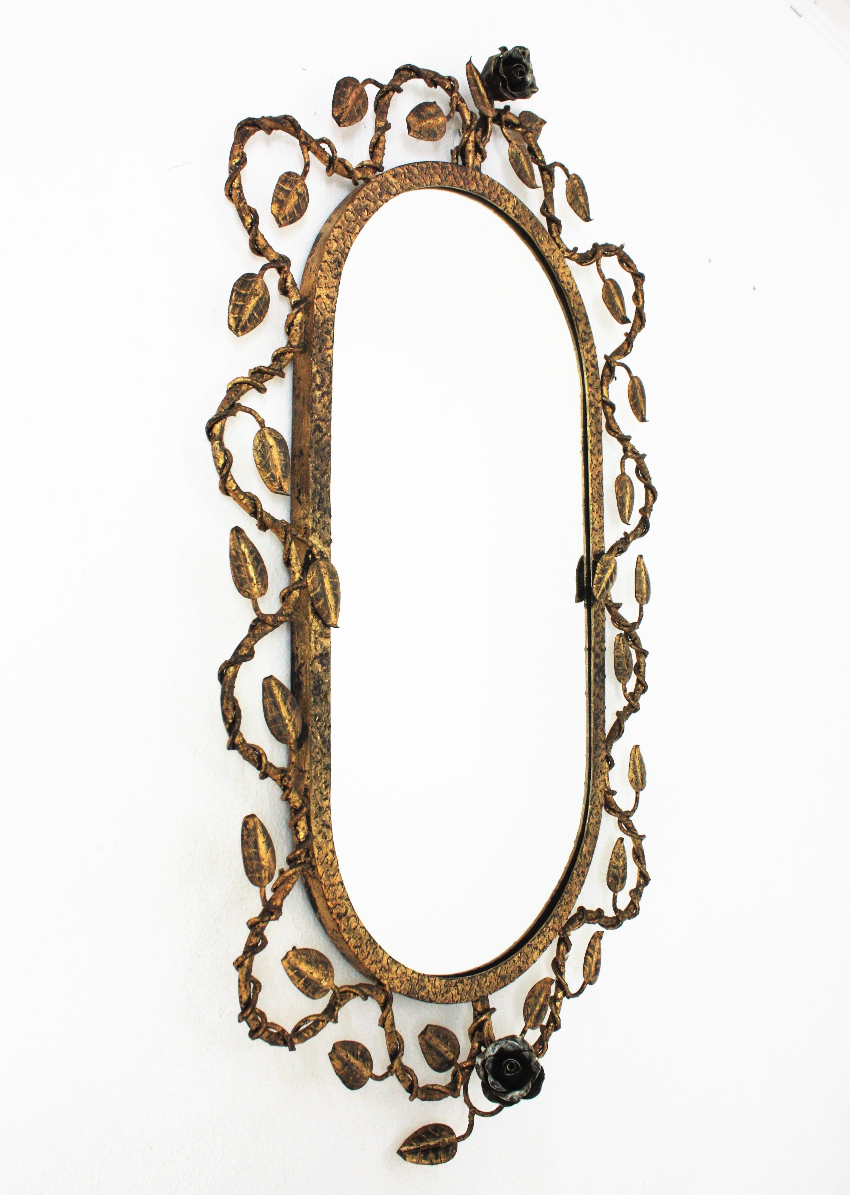 Hand-Crafted Oval Mirror in Gilt Iron with Foliage Floral Motifs
