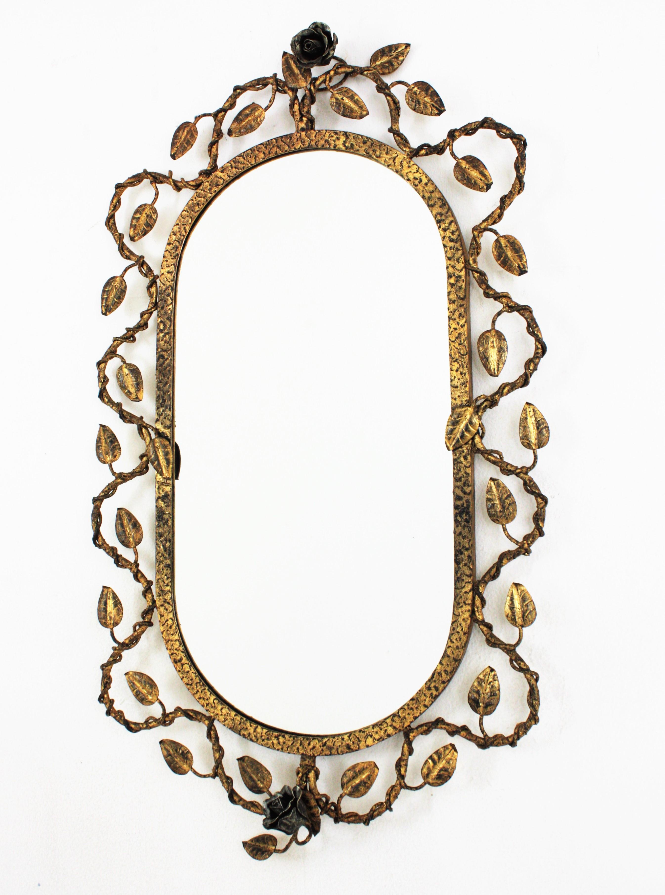 Metal Oval Mirror in Gilt Iron with Foliage Floral Motifs