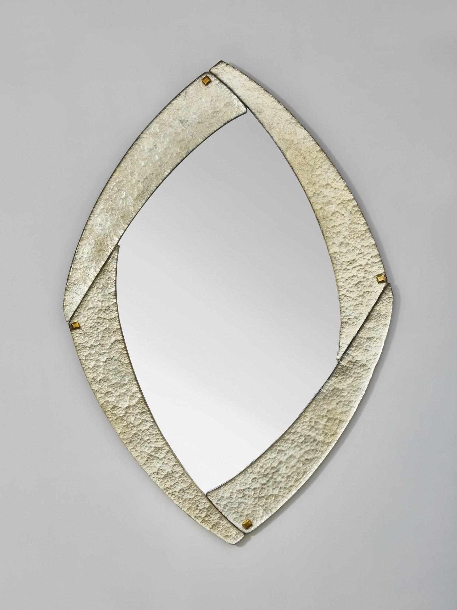 Oval mirror with frame in Murano glass gilt with white gold leaf frame.Creation by Studio Glustin.