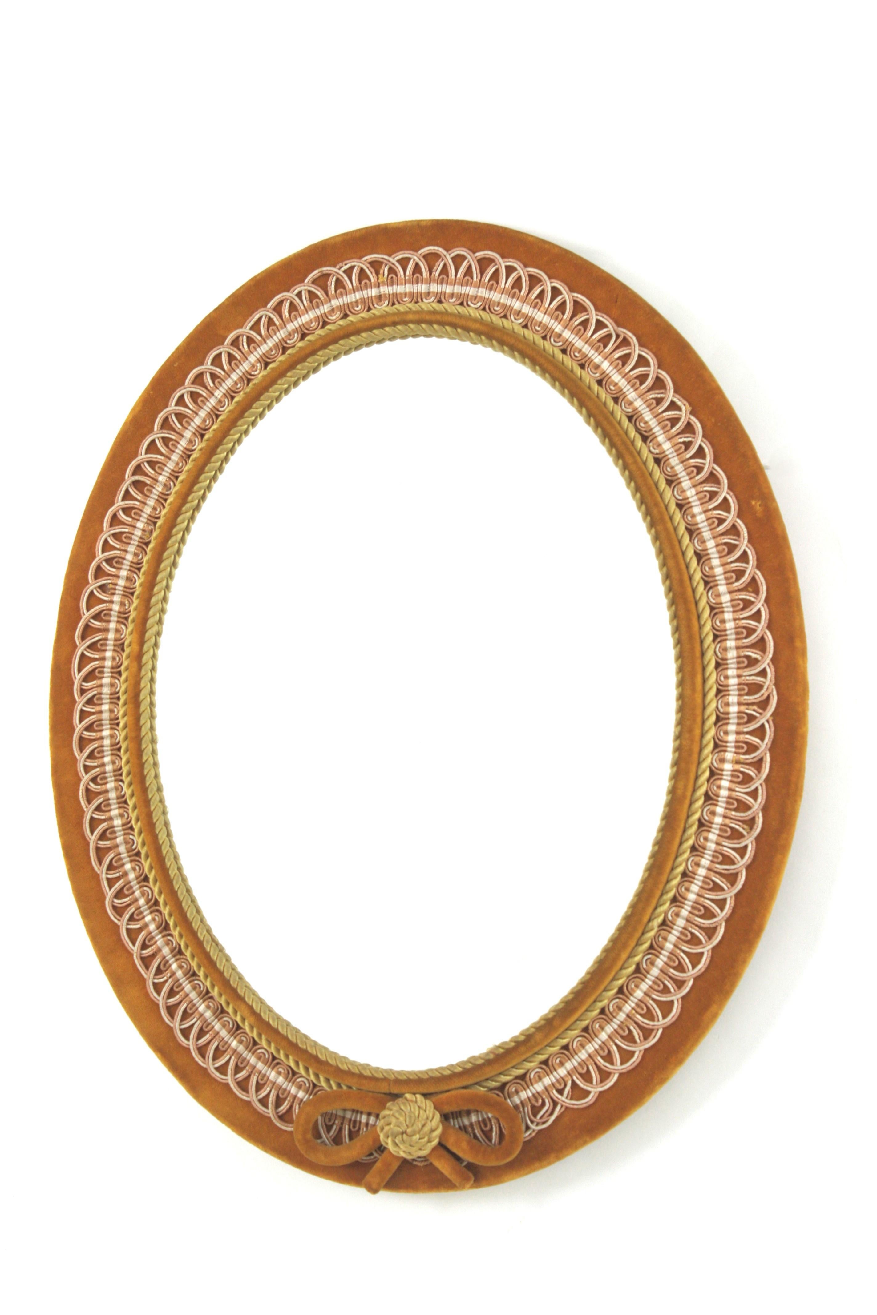 Oval Mirror in Ochre Velvet and Trimming, Spain 1950 For Sale 3