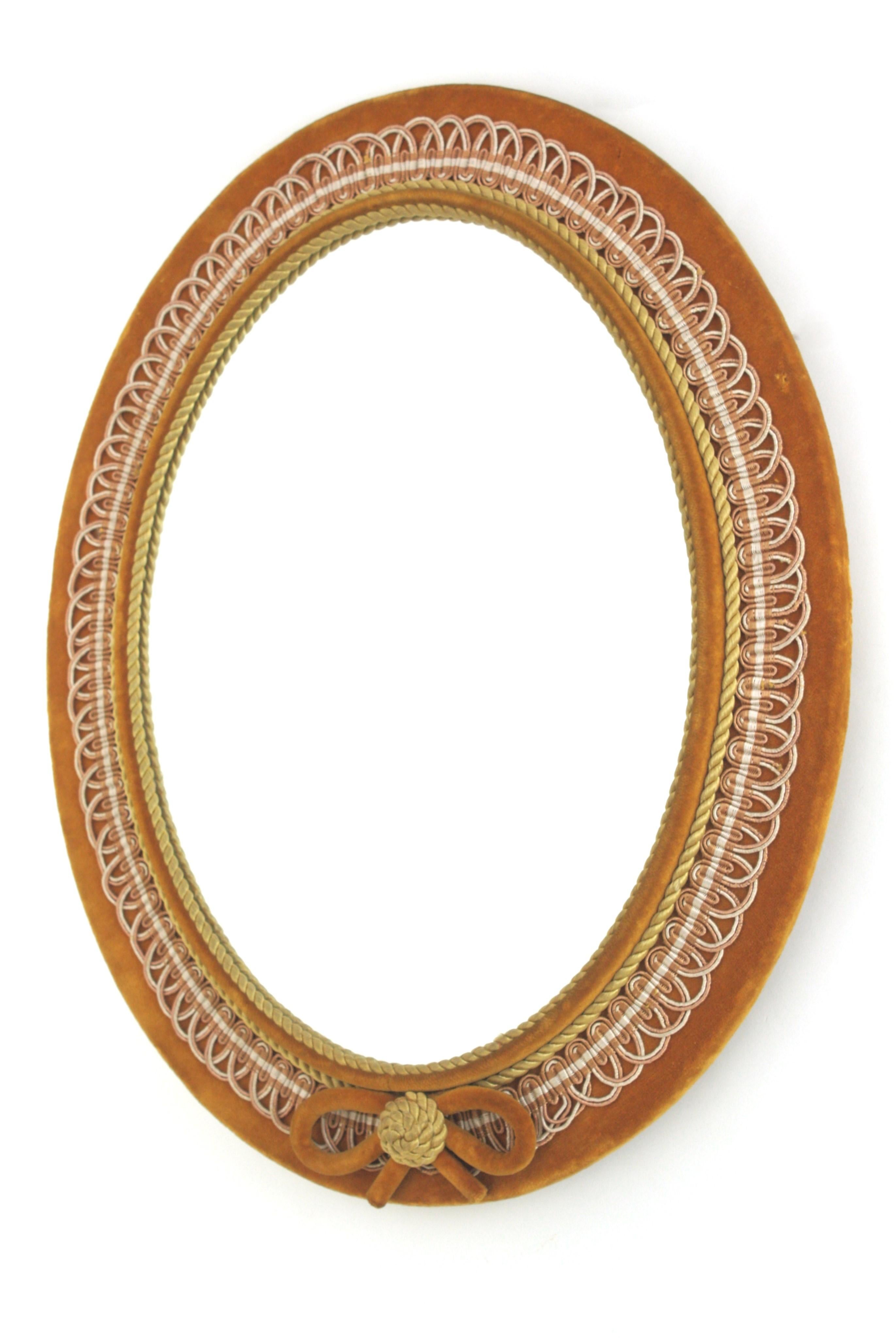 Oval Mirror in Ochre Velvet and Trimming, Spain 1950 For Sale 4