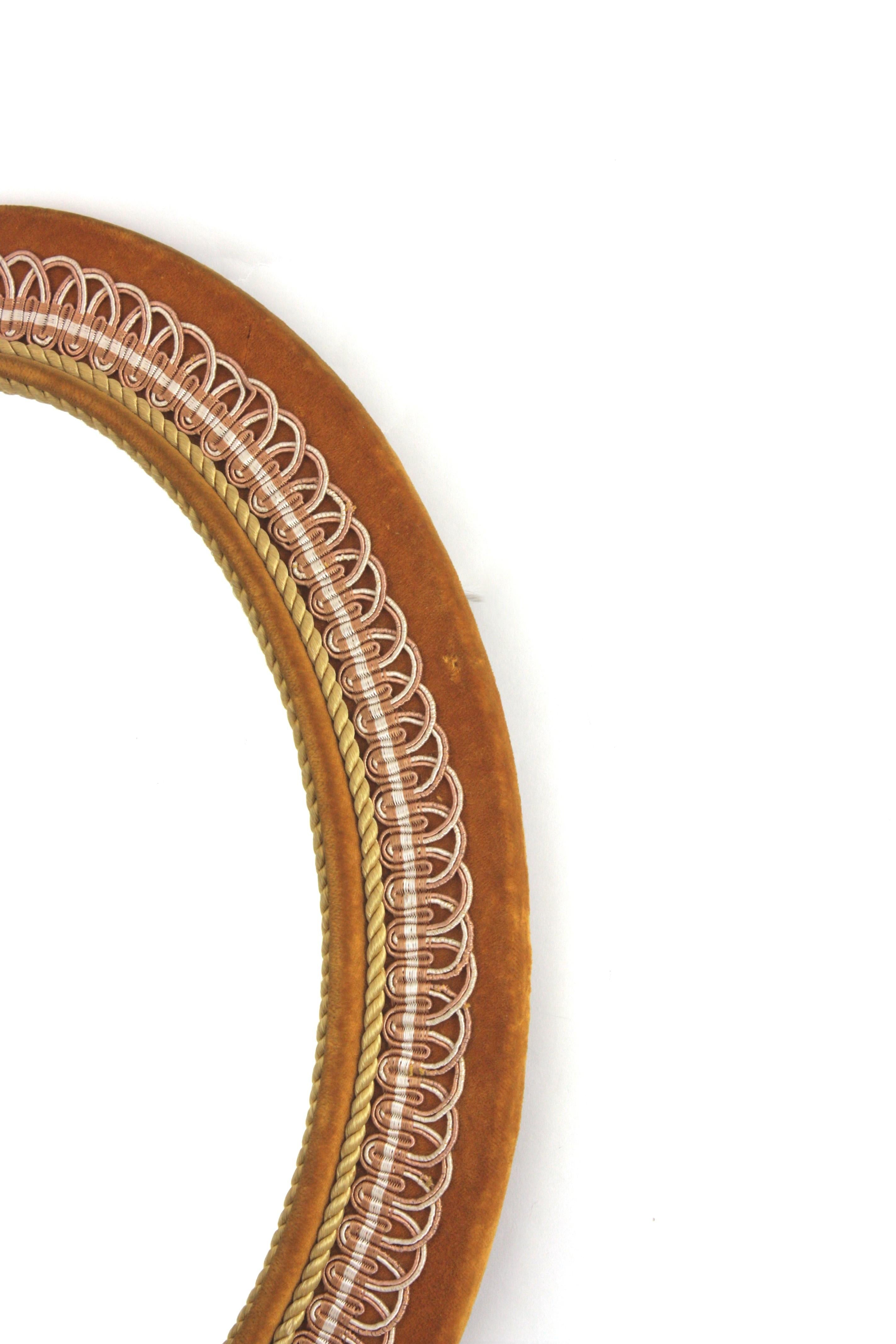 Oval Mirror in Ochre Velvet and Trimming, Spain 1950 For Sale 5