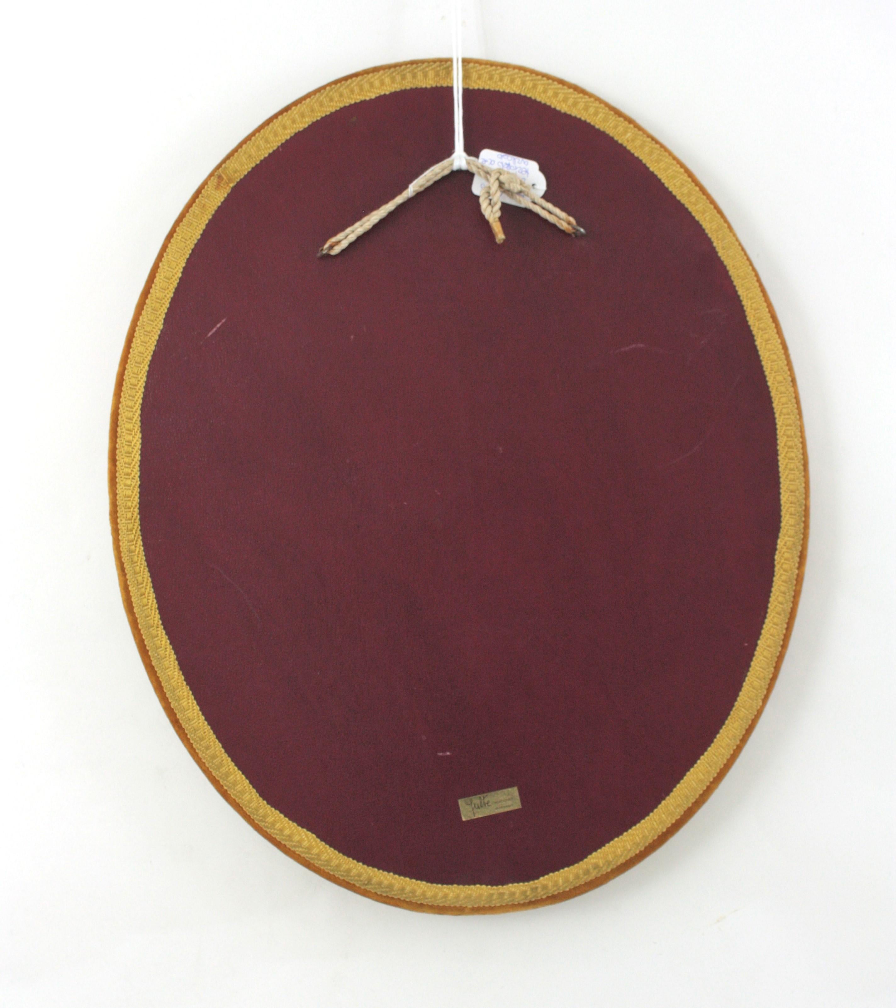 Oval Mirror in Ochre Velvet and Trimming, Spain 1950 For Sale 6