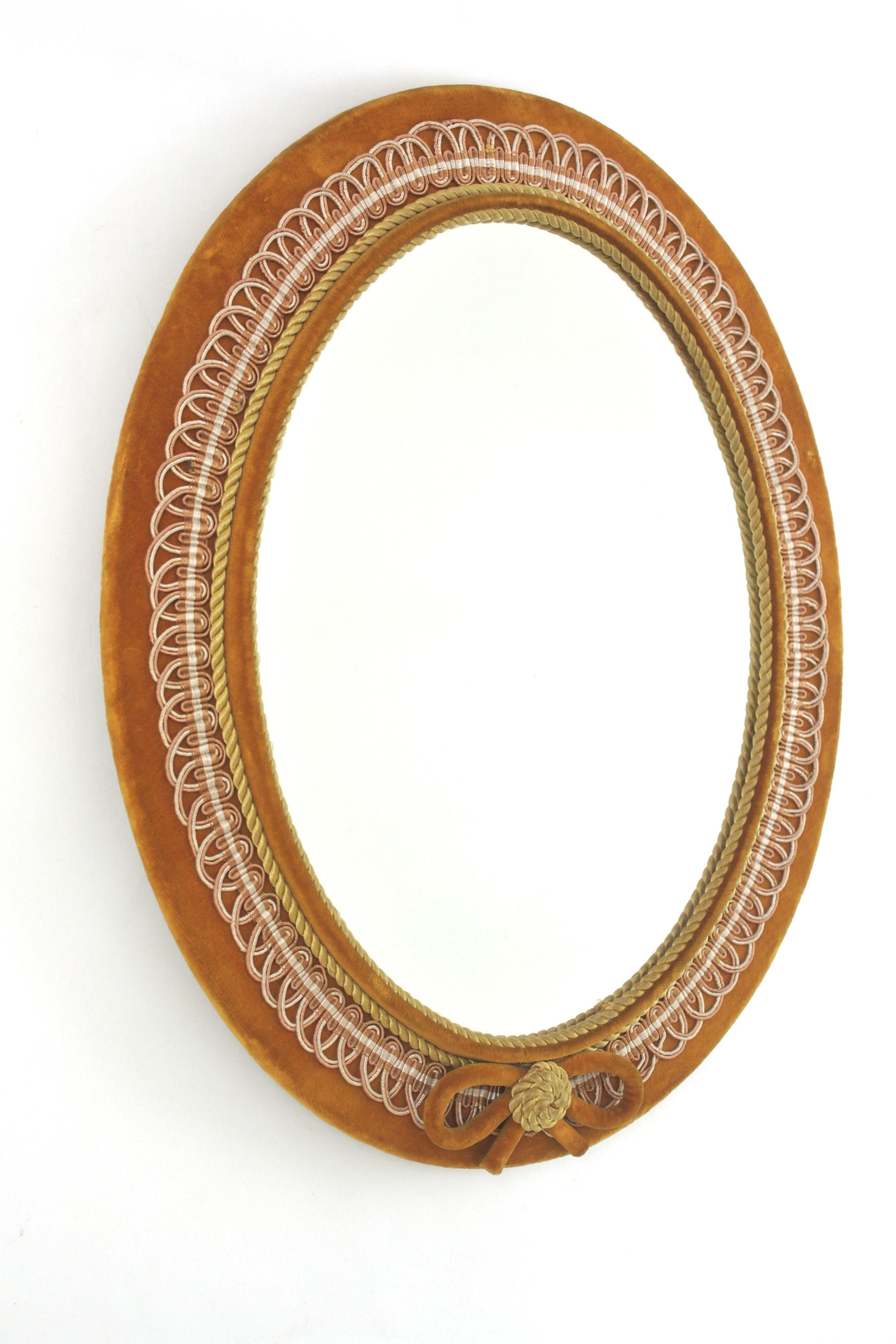 Spanish Oval Mirror in Ochre Velvet and Trimming, Spain 1950 For Sale