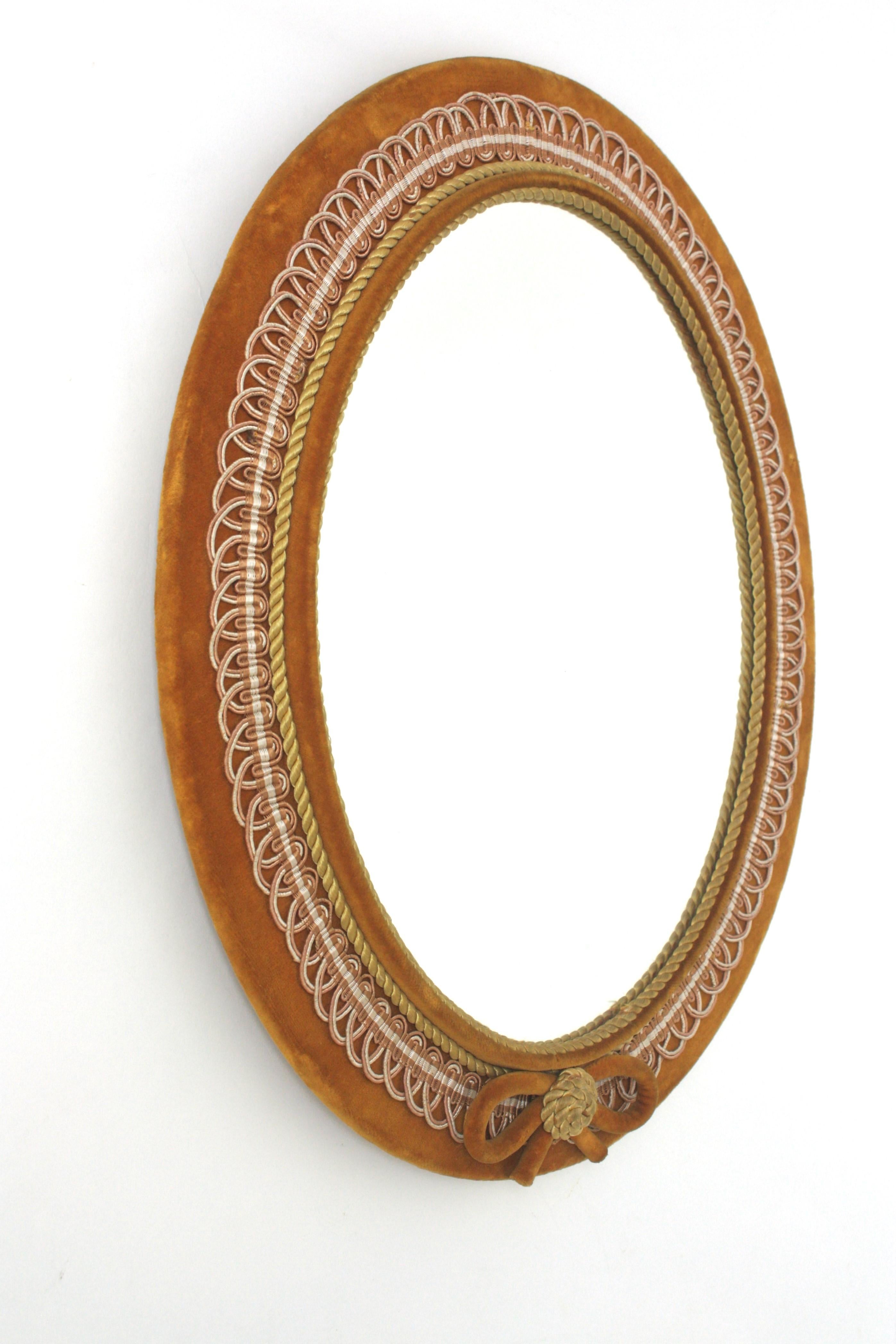 Hand-Crafted Oval Mirror in Ochre Velvet and Trimming, Spain 1950 For Sale