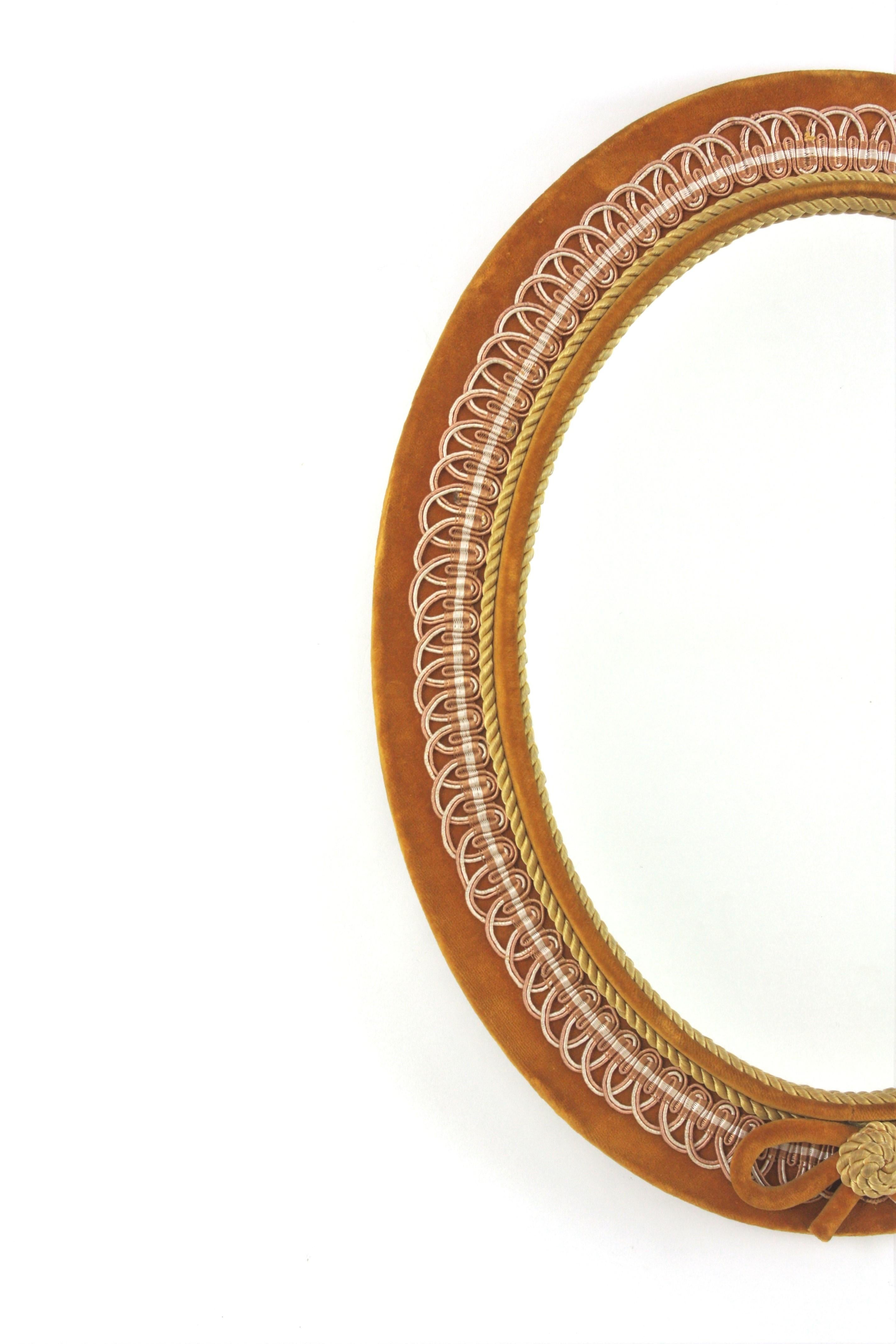 20th Century Oval Mirror in Ochre Velvet and Trimming, Spain 1950 For Sale