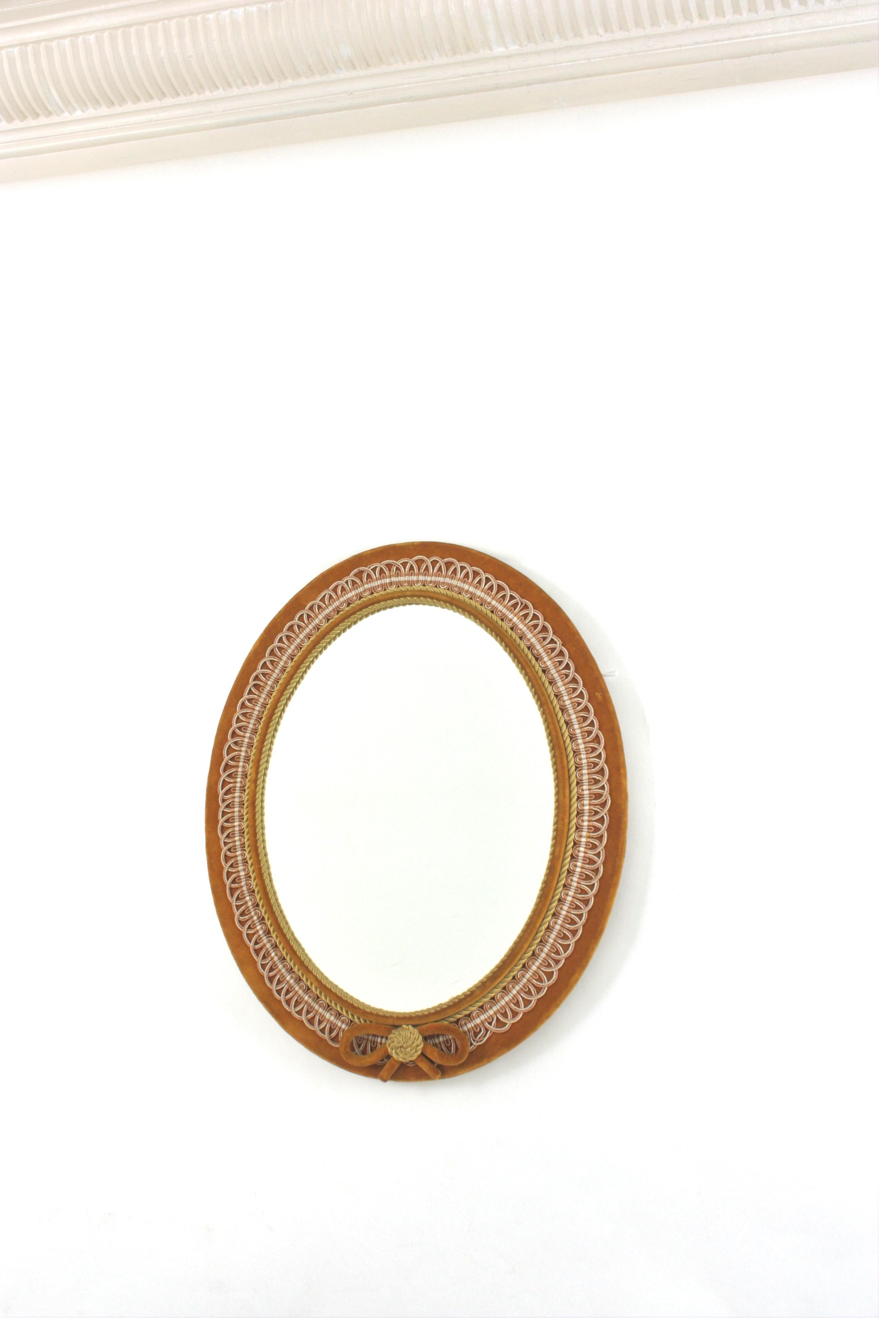 Oval Mirror in Ochre Velvet and Trimming, Spain 1950 For Sale 2