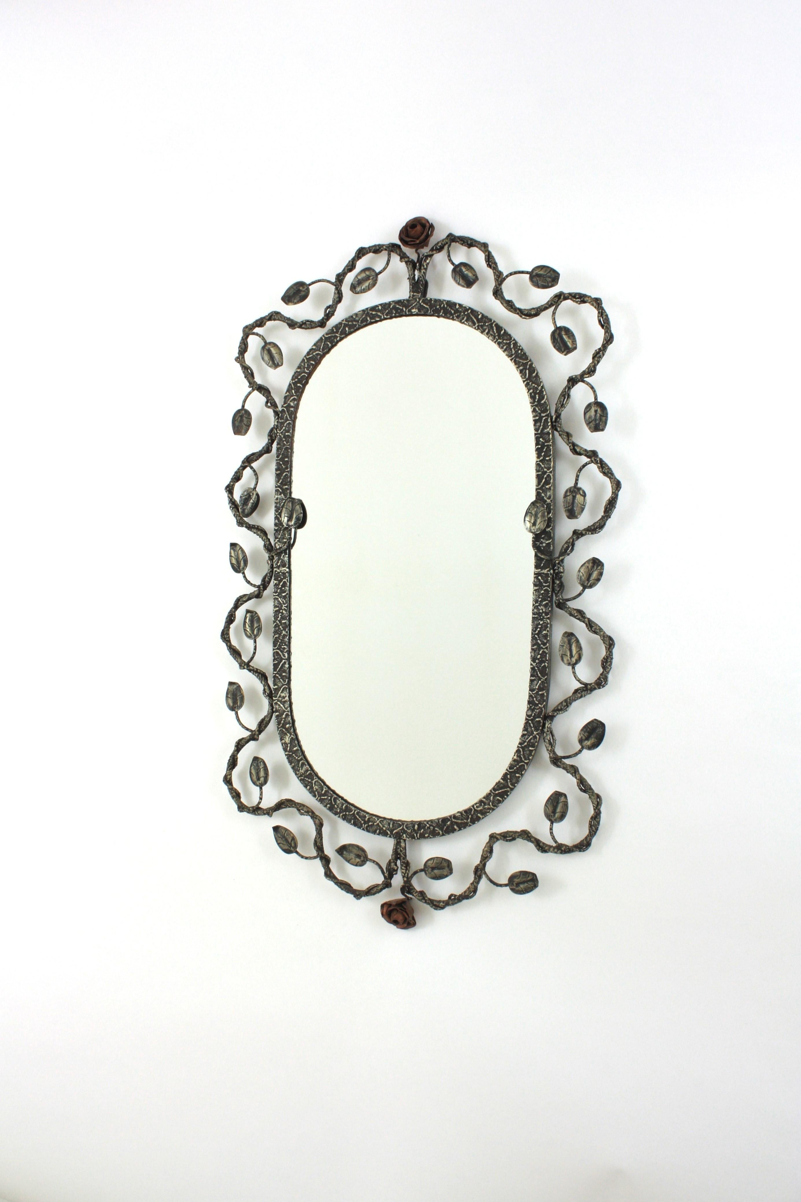 Oval Mirror in Silver Patinated Iron with Foliage Floral Motifs, 1950s For Sale 3