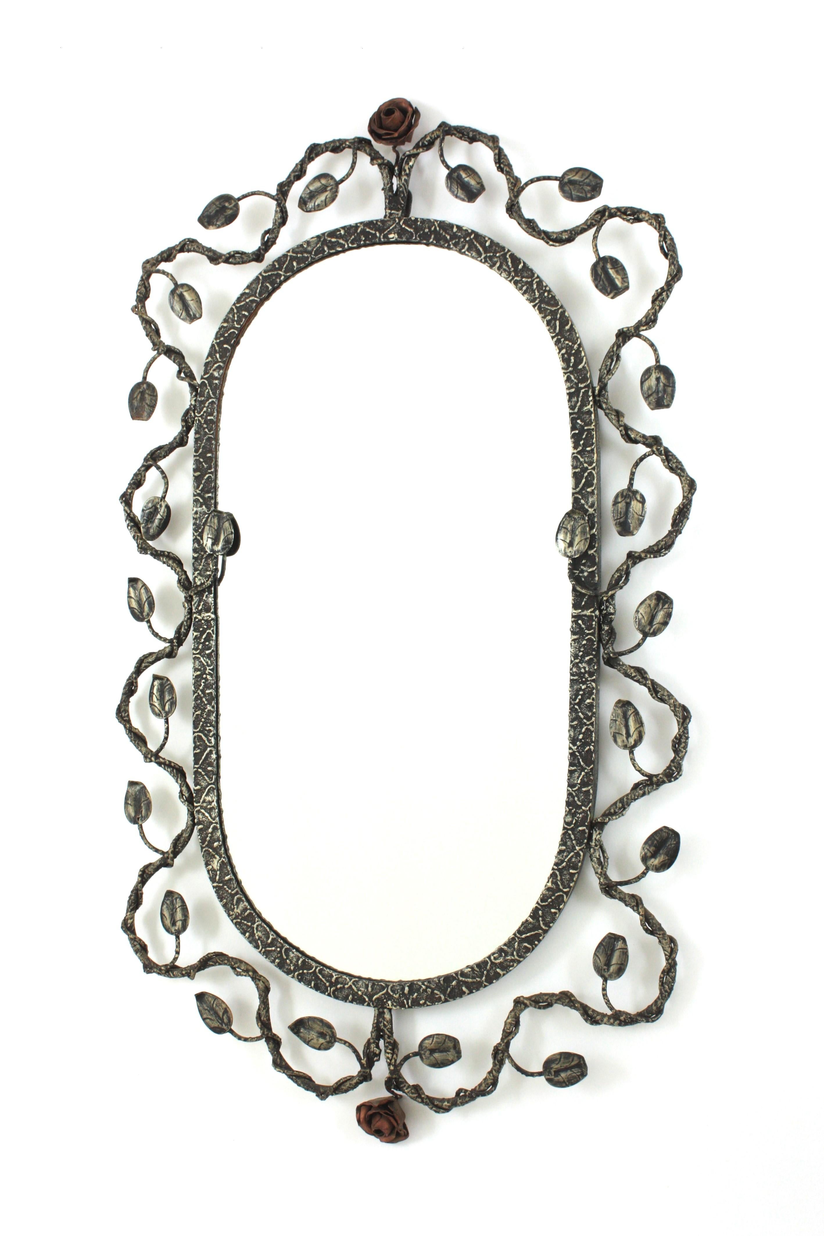 Oval Mirror in Silver Patinated Iron with Foliage Floral Motifs, 1950s For Sale 4