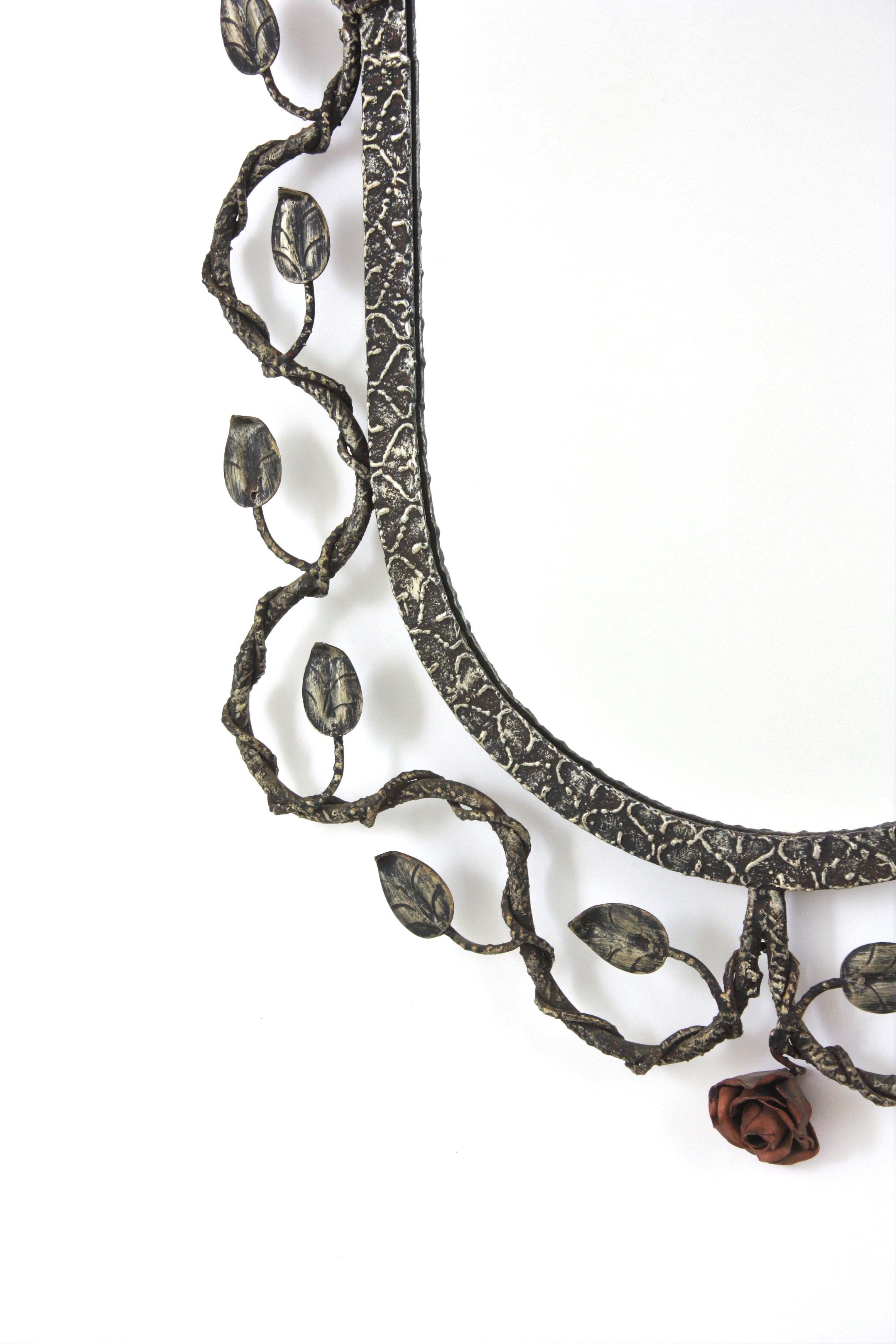 Oval Mirror in Silver Patinated Iron with Foliage Floral Motifs, 1950s For Sale 5