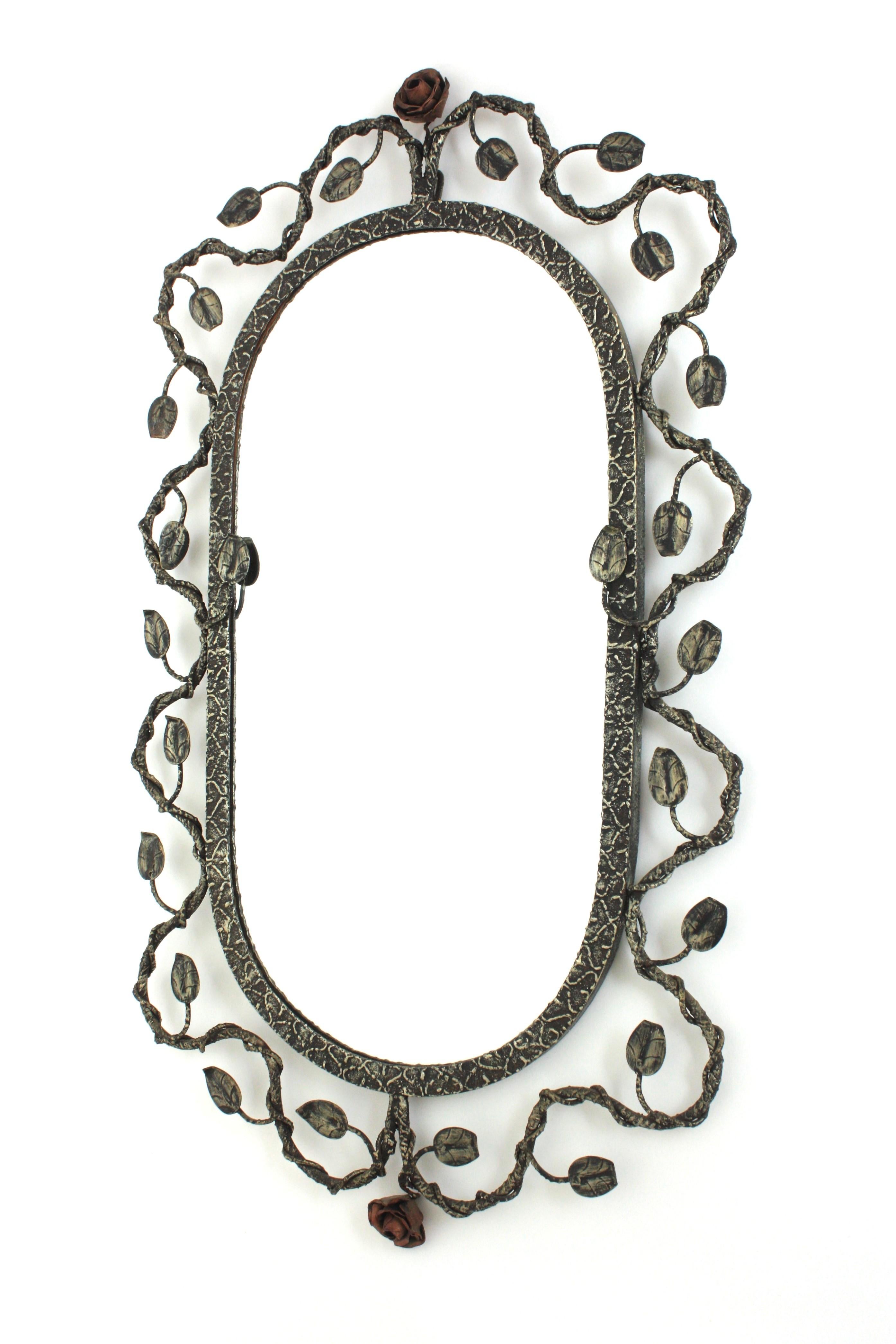 Oval Mirror in Silver Patinated Iron with Foliage Floral Motifs, 1950s For Sale 6