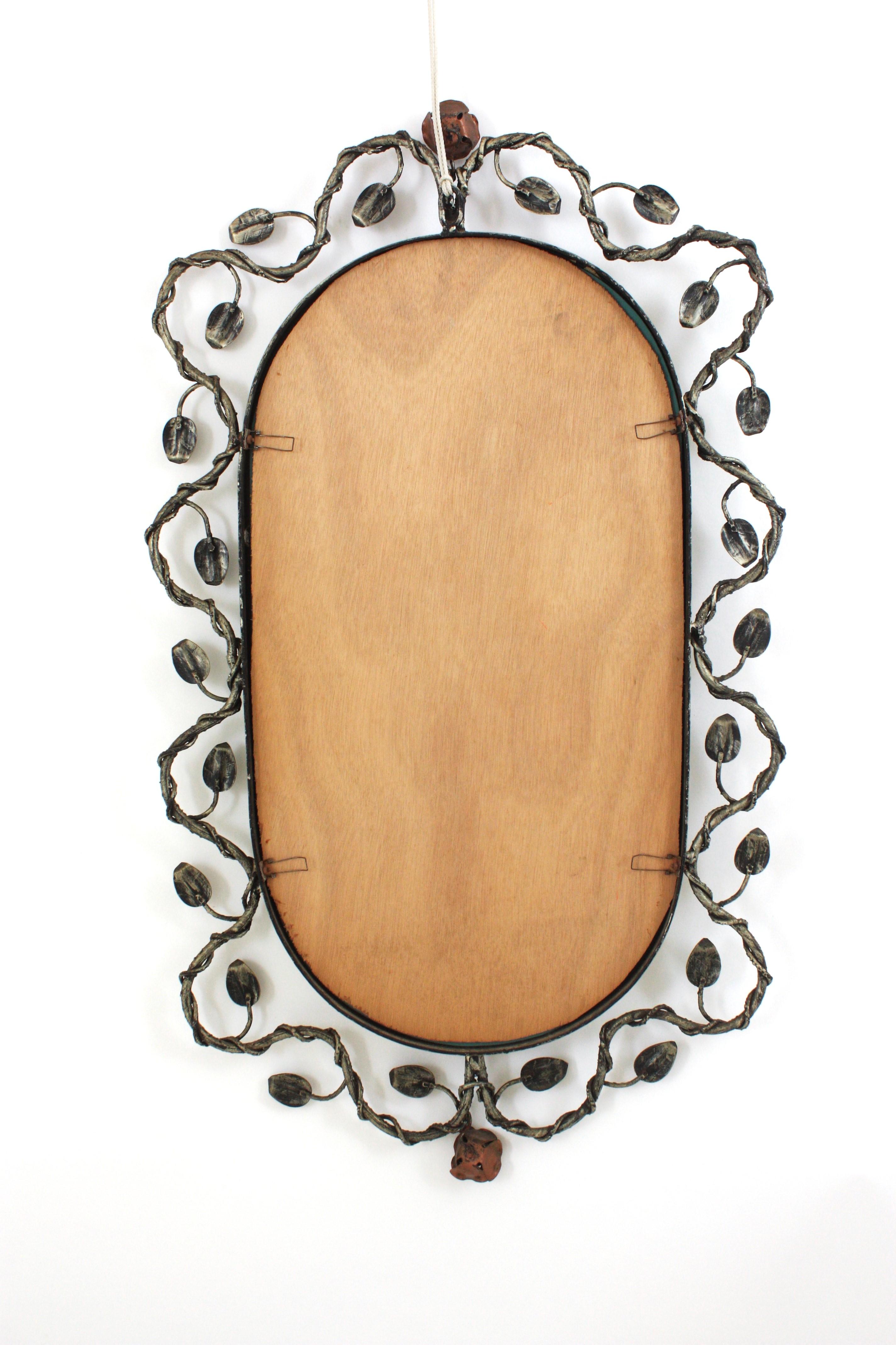 Oval Mirror in Silver Patinated Iron with Foliage Floral Motifs, 1950s For Sale 8
