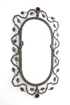 Oval Mirror in Silver Patinated Iron with Foliage Floral Motifs, 1950s