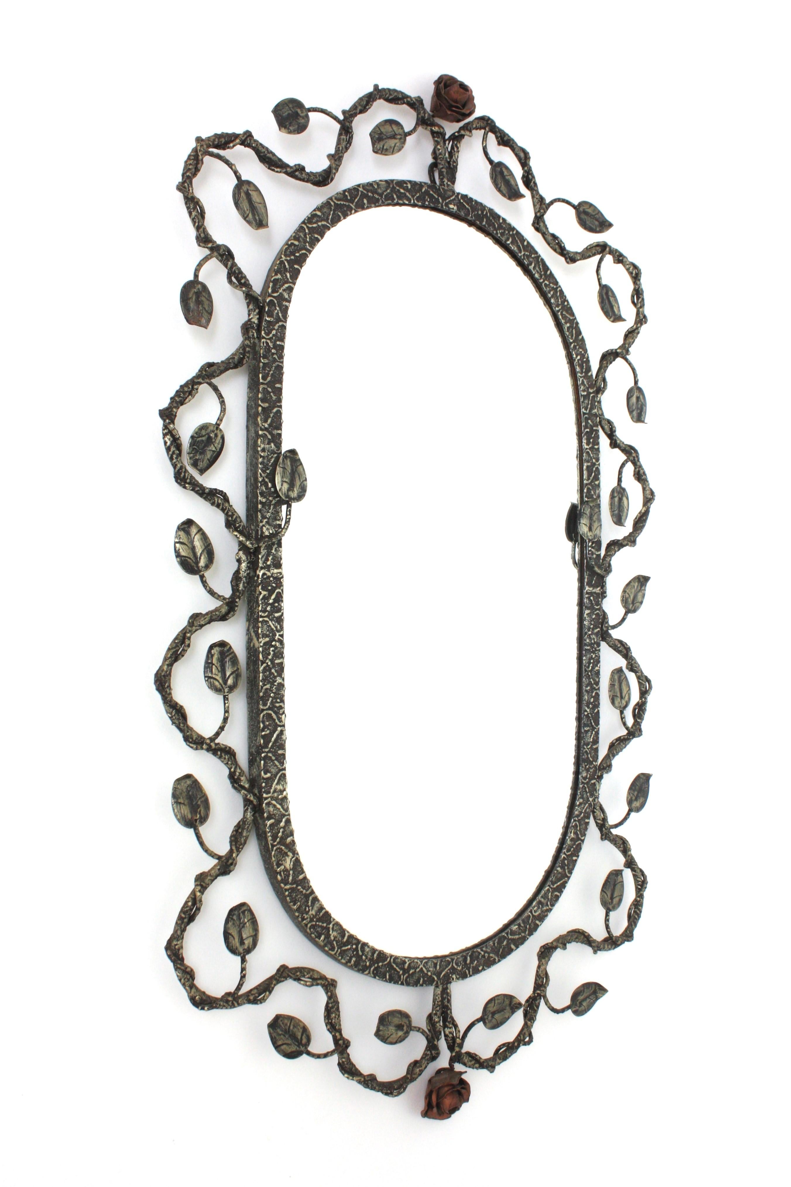 Hollywood Regency Oval Mirror in Silver Patinated Iron with Foliage Floral Motifs, 1950s For Sale
