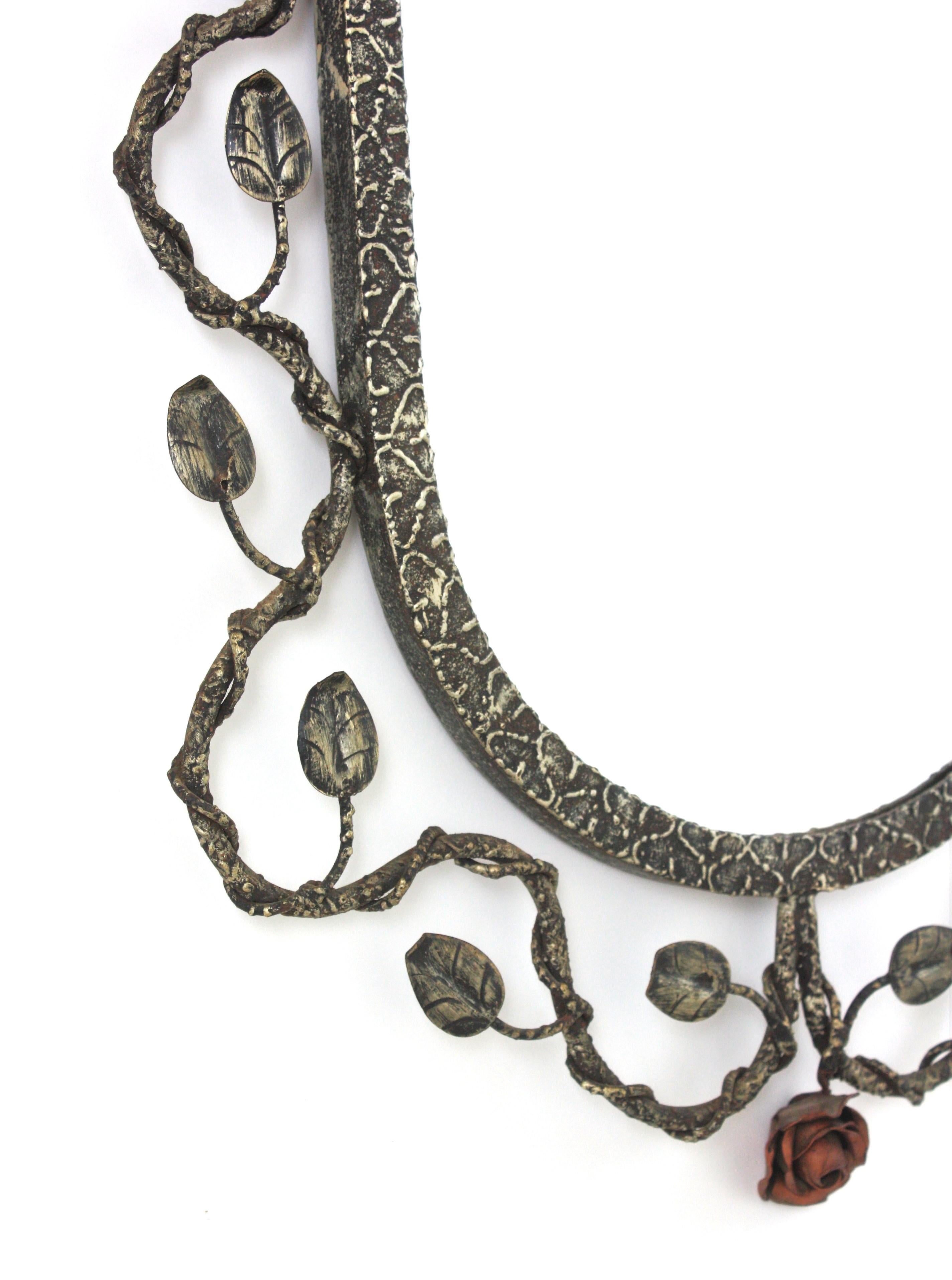 Spanish Oval Mirror in Silver Patinated Iron with Foliage Floral Motifs, 1950s For Sale