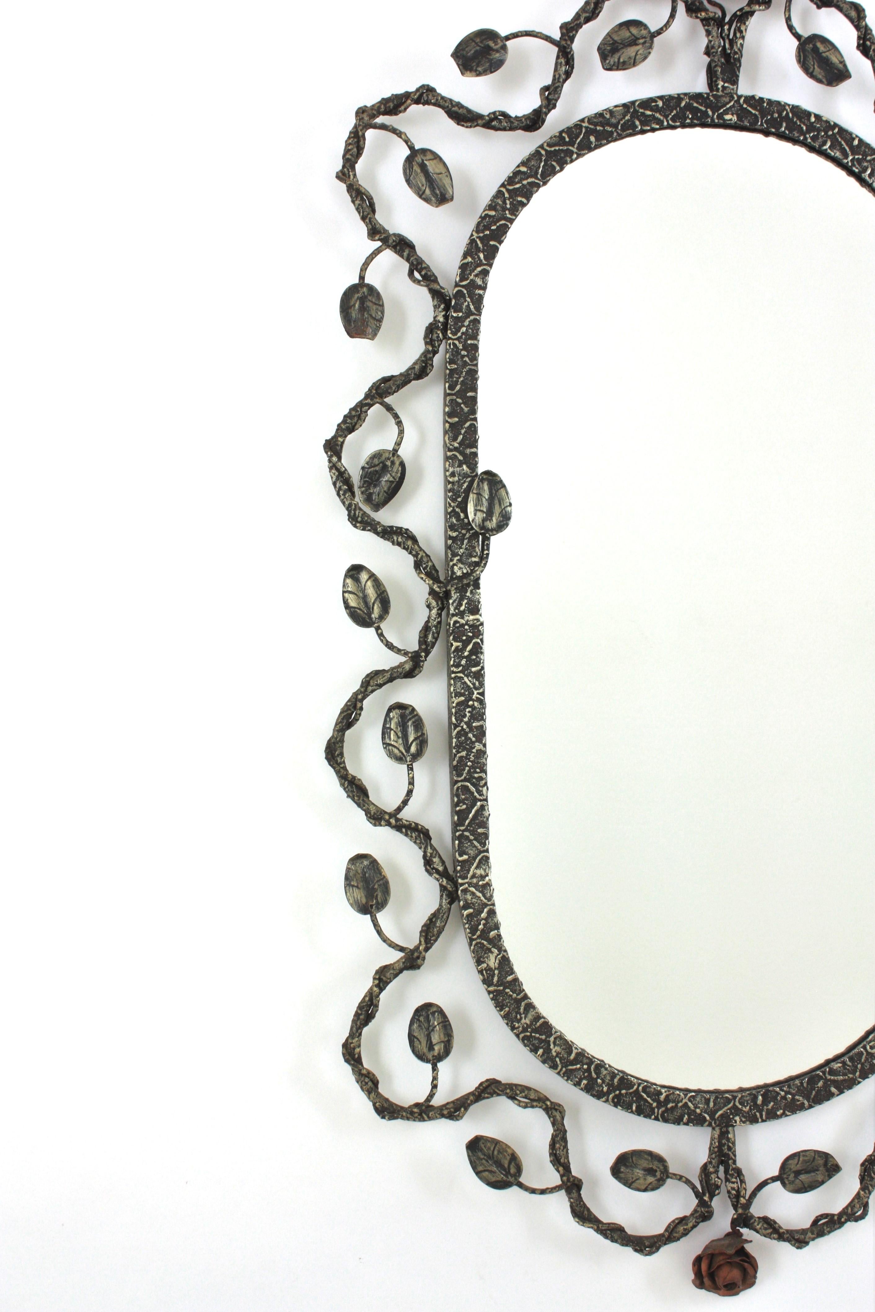 20th Century Oval Mirror in Silver Patinated Iron with Foliage Floral Motifs, 1950s For Sale