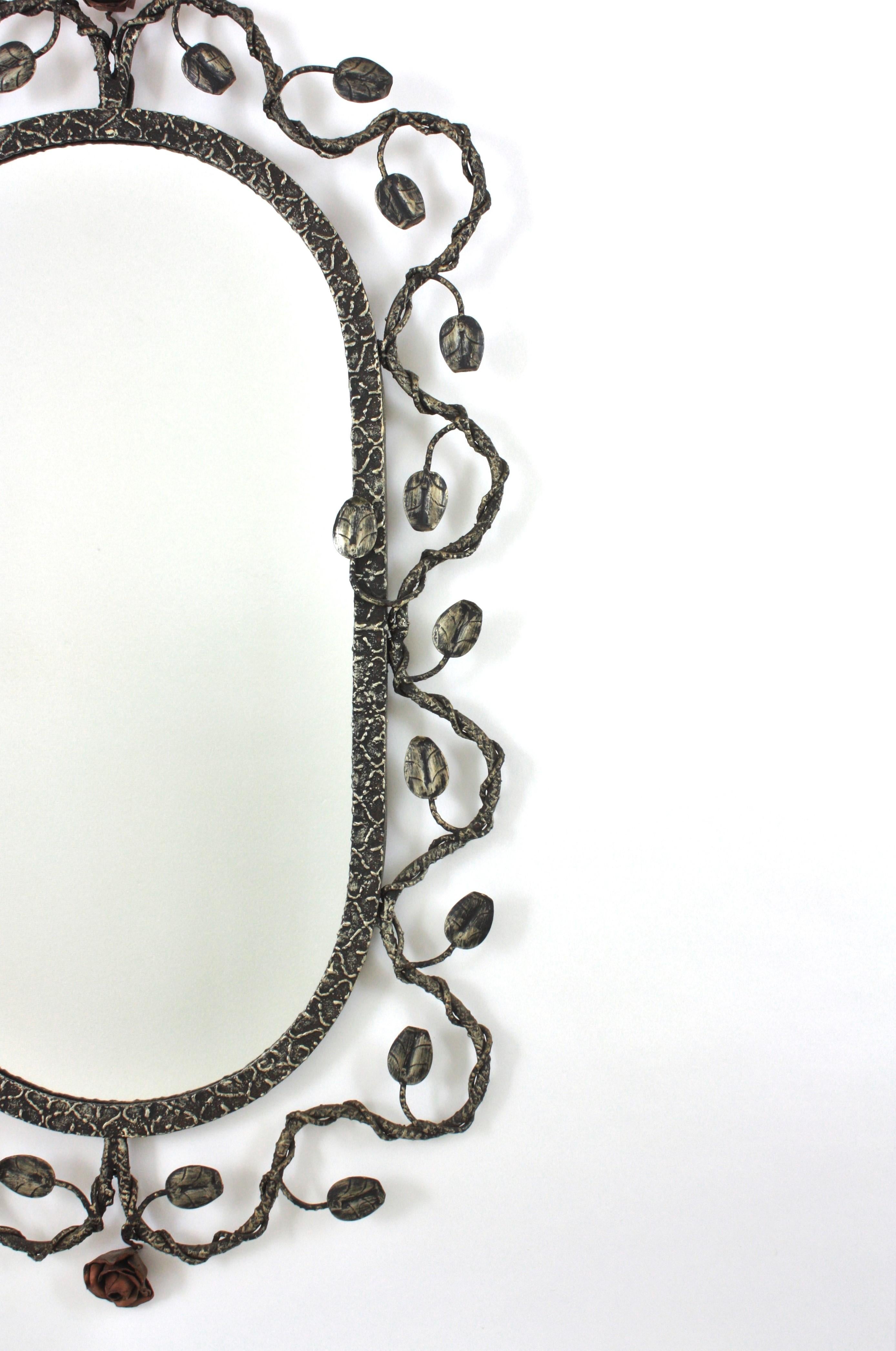 Silver Leaf Oval Mirror in Silver Patinated Iron with Foliage Floral Motifs, 1950s For Sale