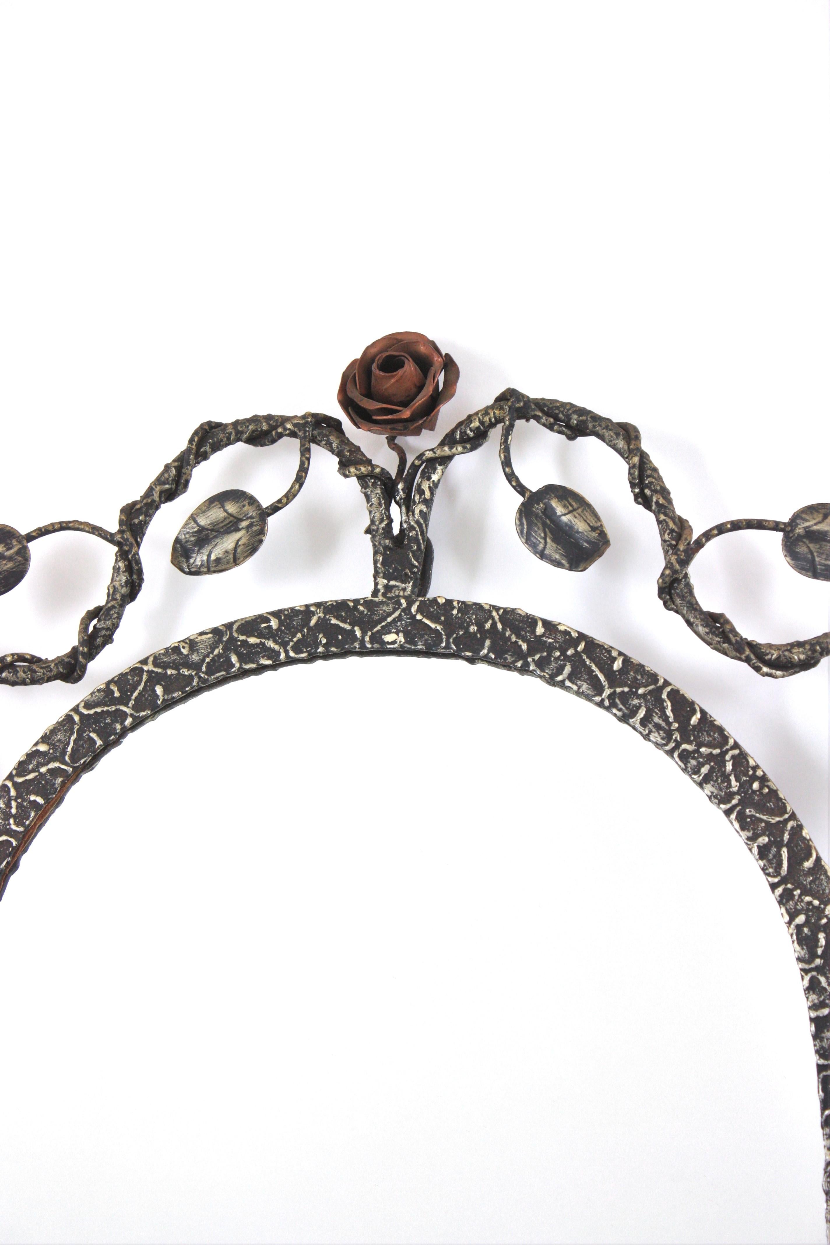 Oval Mirror in Silver Patinated Iron with Foliage Floral Motifs, 1950s For Sale 2