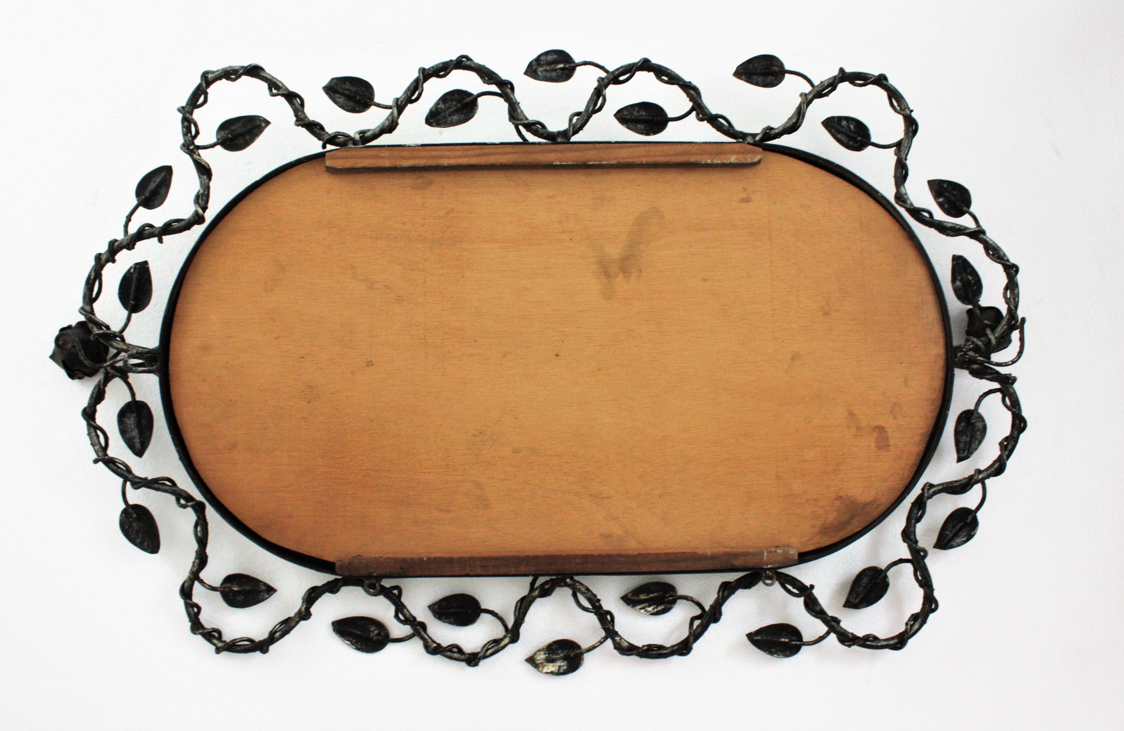 Oval Mirror with Foliage Floral Motif, Hand Forged Patinated Iron 2