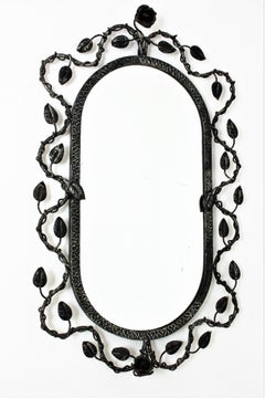 Oval Mirror with Foliage Floral Motif, Hand Forged Patinated Iron
