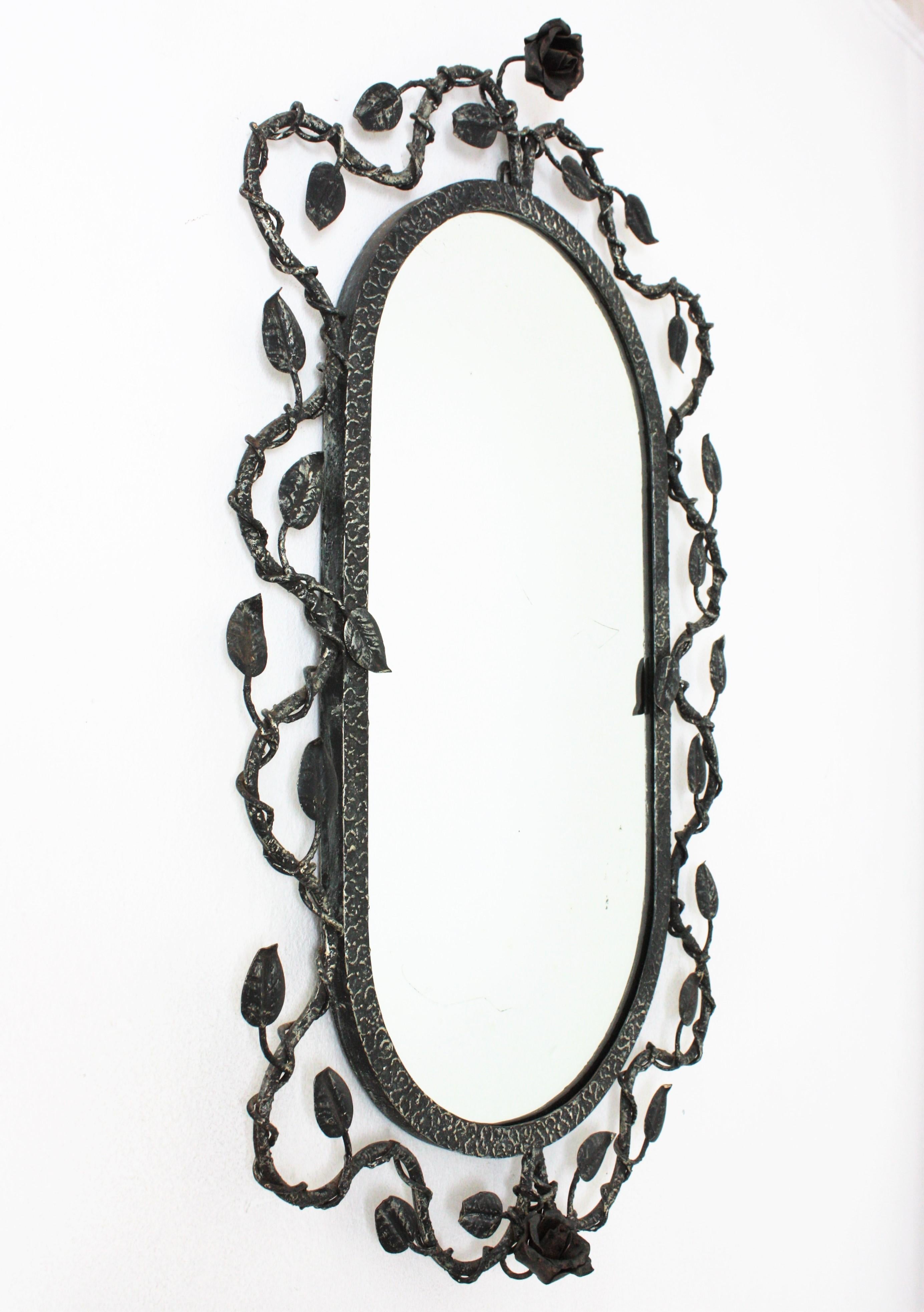 Hollywood Regency Oval Mirror with Foliage Floral Motif, Hand Forged Patinated Iron