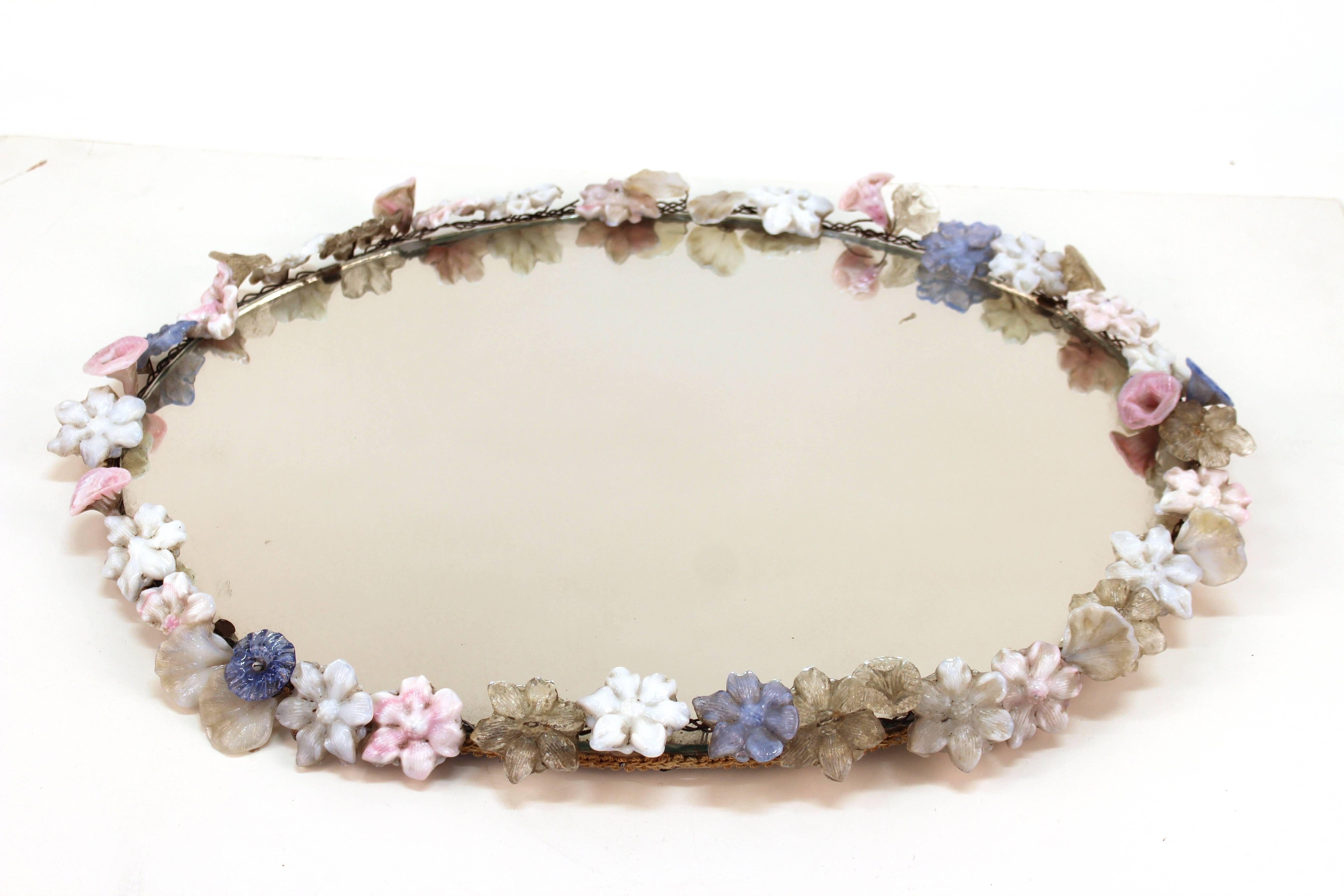 Mid-Century Modern Oval Mirror with Murano Glass Flower Frame