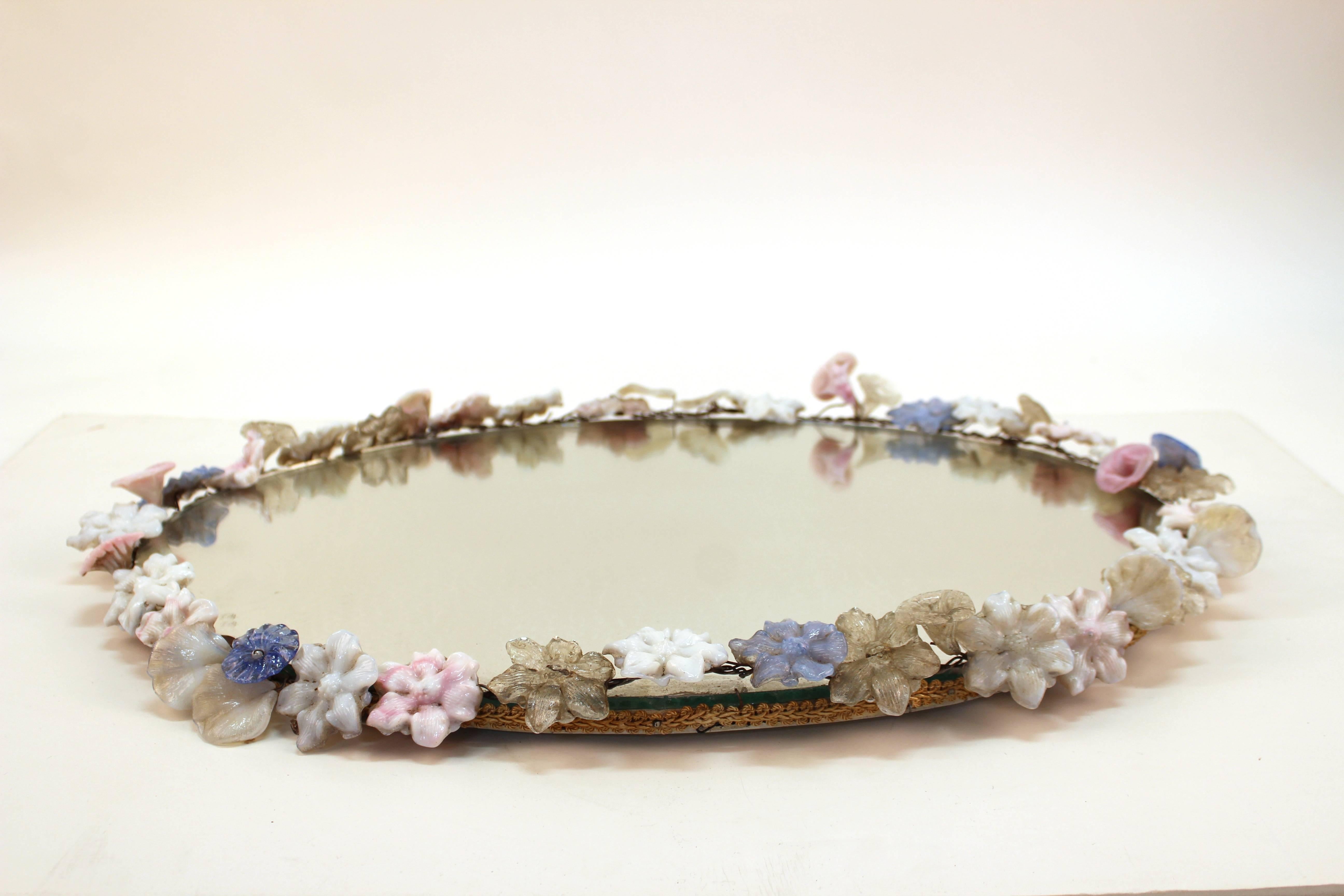 Italian Oval Mirror with Murano Glass Flower Frame