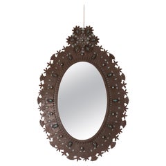 Oval Mirror with Tin Frame Inlaid with Turquoise Stones, Spain 1970's