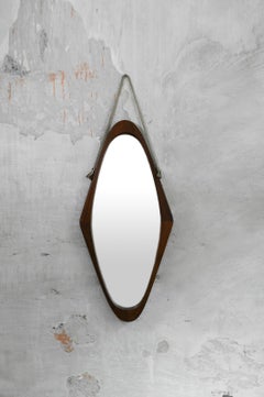 Oval mirror with wooden frame and leather cord details, 1950s