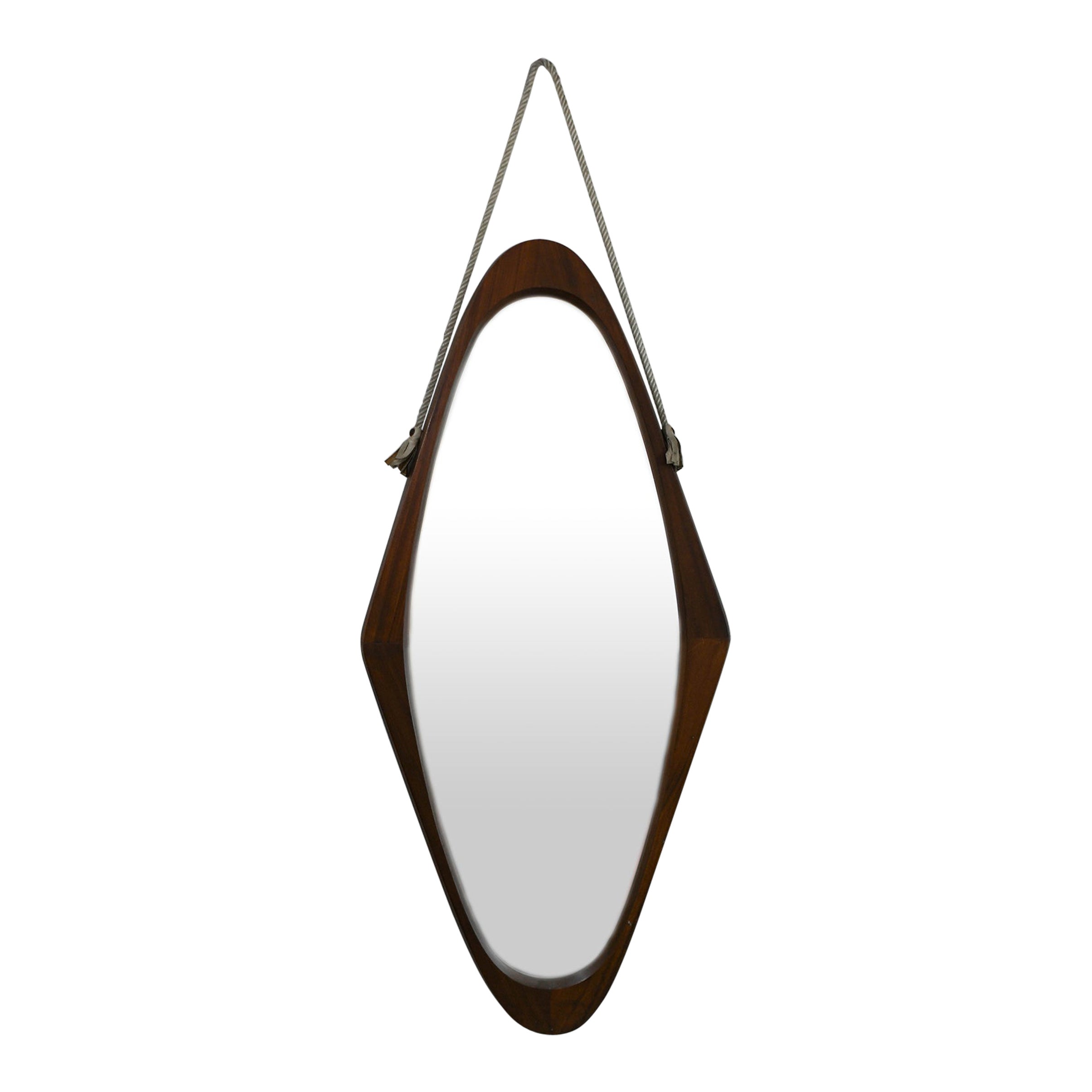 Oval mirror with wooden frame and leather cord details, 1950s For Sale