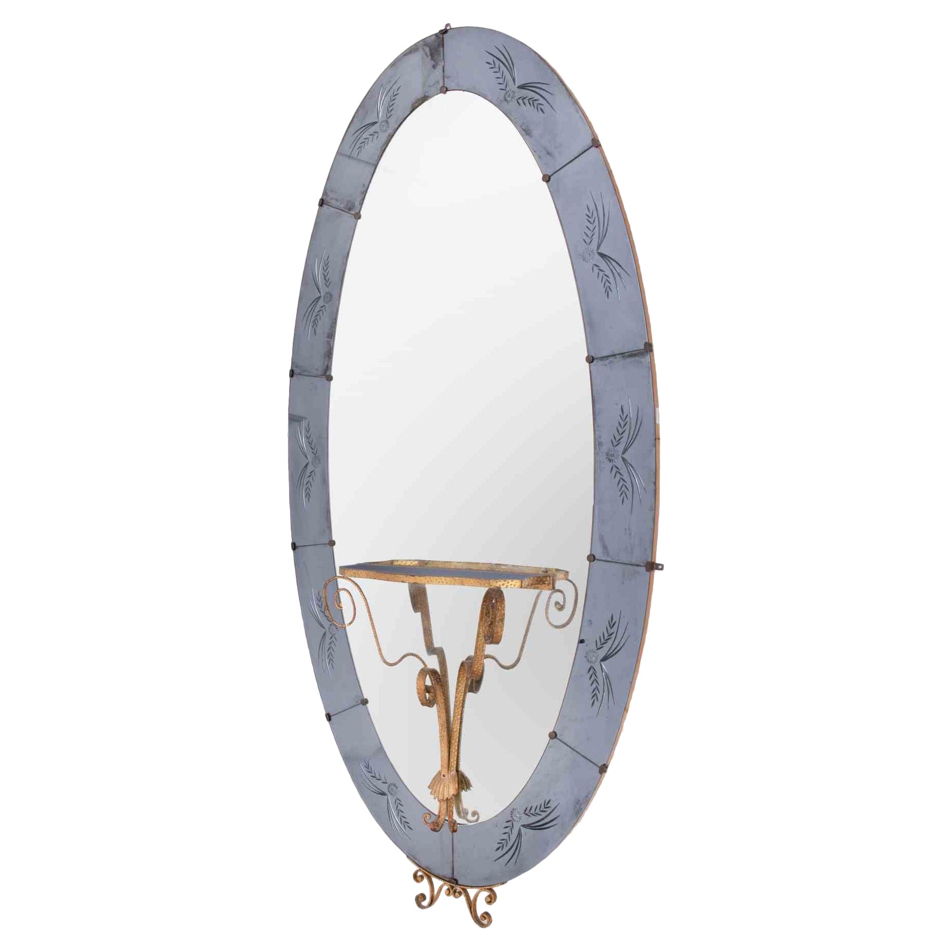 Oval Mirror wth Integrated Console by Cristal Art, Italy, 1960s en venta