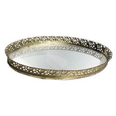 Vintage Oval Mirrored Gold Lattice Vanity Tray