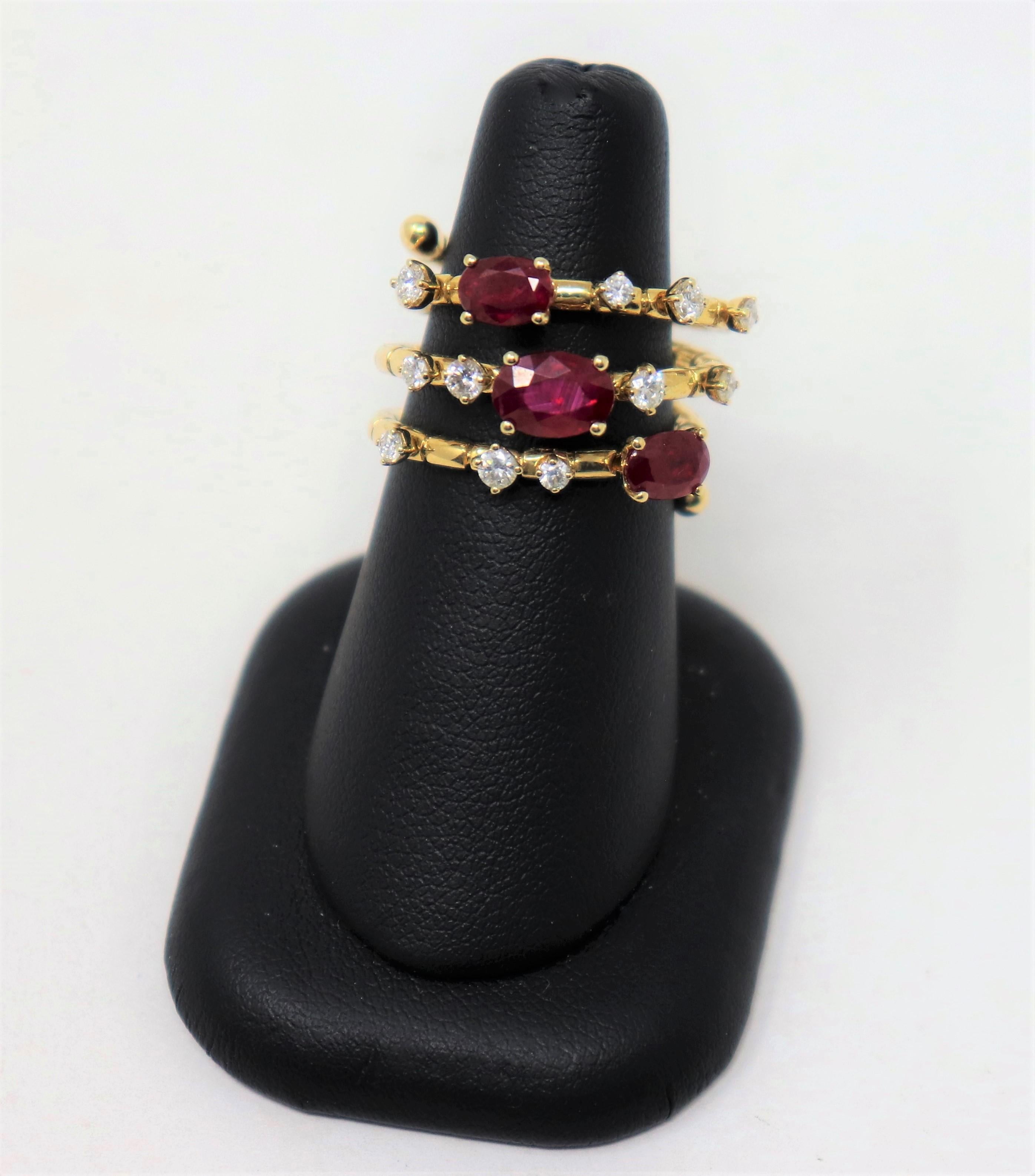 Oval Ruby and Diamond 3 Carats Total Multi Row Flexible Wrap Ring 14 Karat Gold  For Sale 2