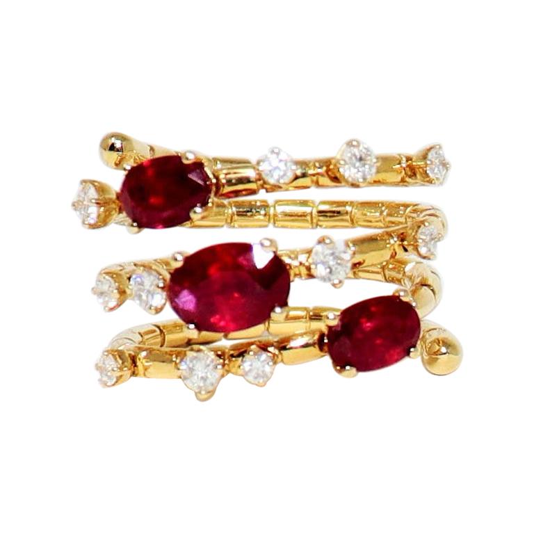 Oval Ruby and Diamond 3 Carats Total Multi Row Flexible Wrap Ring 14 Karat Gold 
