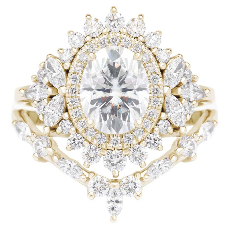 Double Feature Rings Oval Double Halo Moissanite Engagement Ring with Ring Guard Enhancer ...