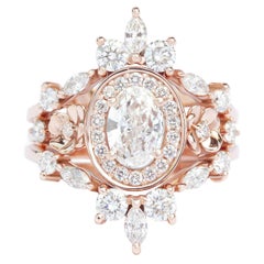 Oval moissanite Diamond Halo Floral Ring "Antheia" & Two "Iceland" Sidebands