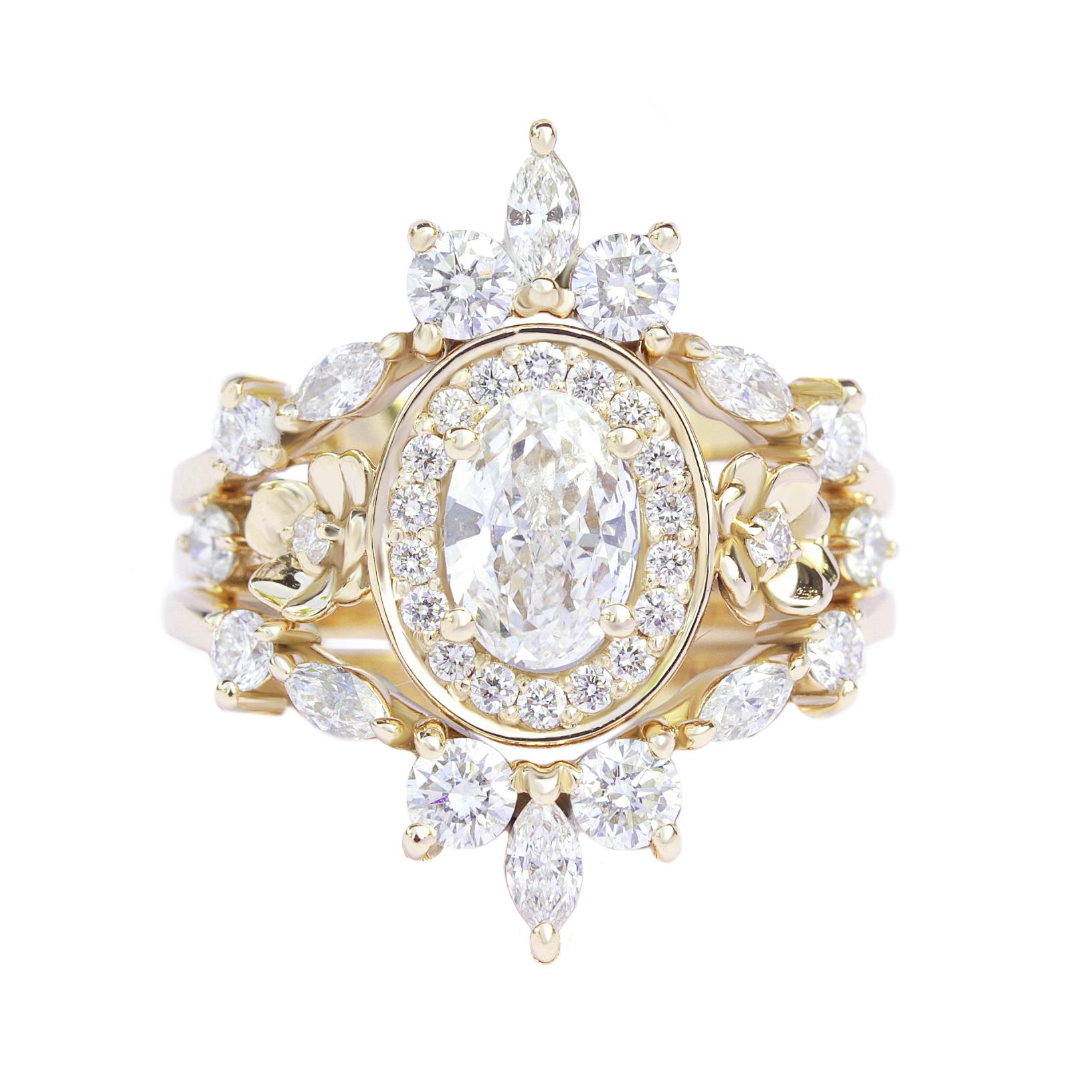 Art Deco Oval moissanite Diamond Halo Floral Ring 