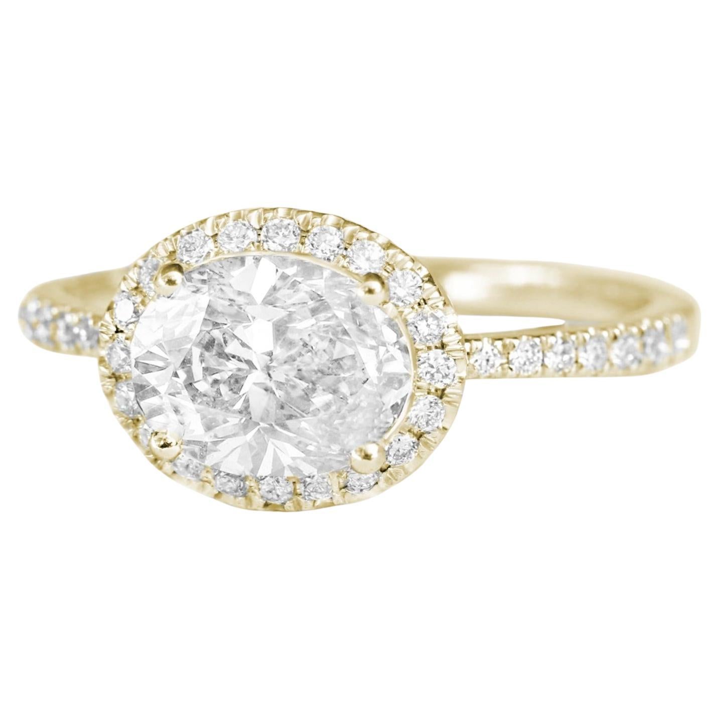 East-West Oval Moissanite with diamond Halo Unique Engagement Ring - 